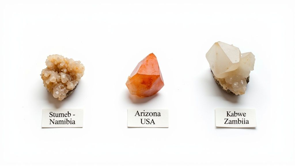 Three mineral specimens from Stumeb Namibia, Arizona USA, and Kabwe Zambia displayed with labels