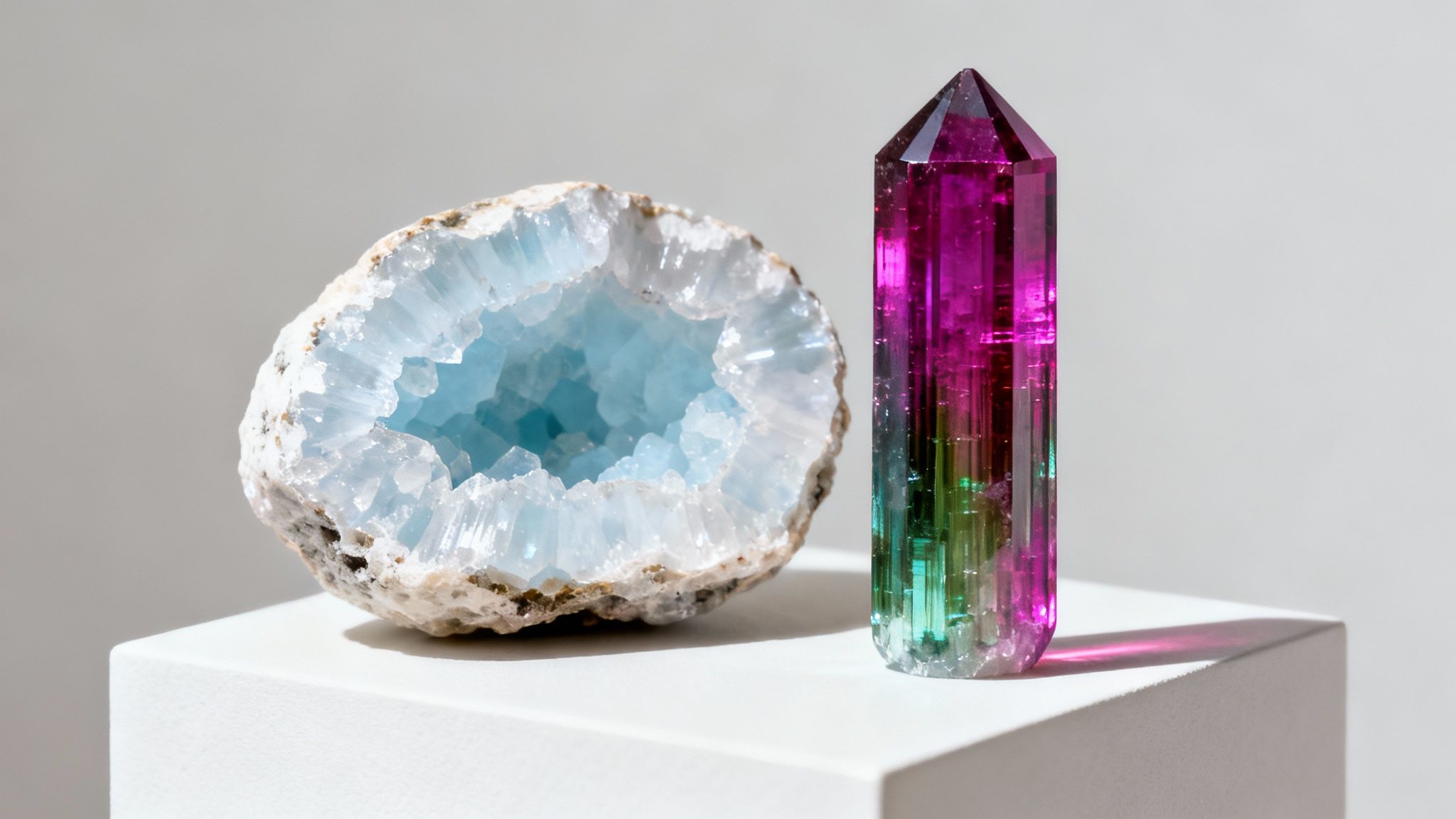 A vibrant pink and green tourmaline crystal point next to a blue celestite geode.