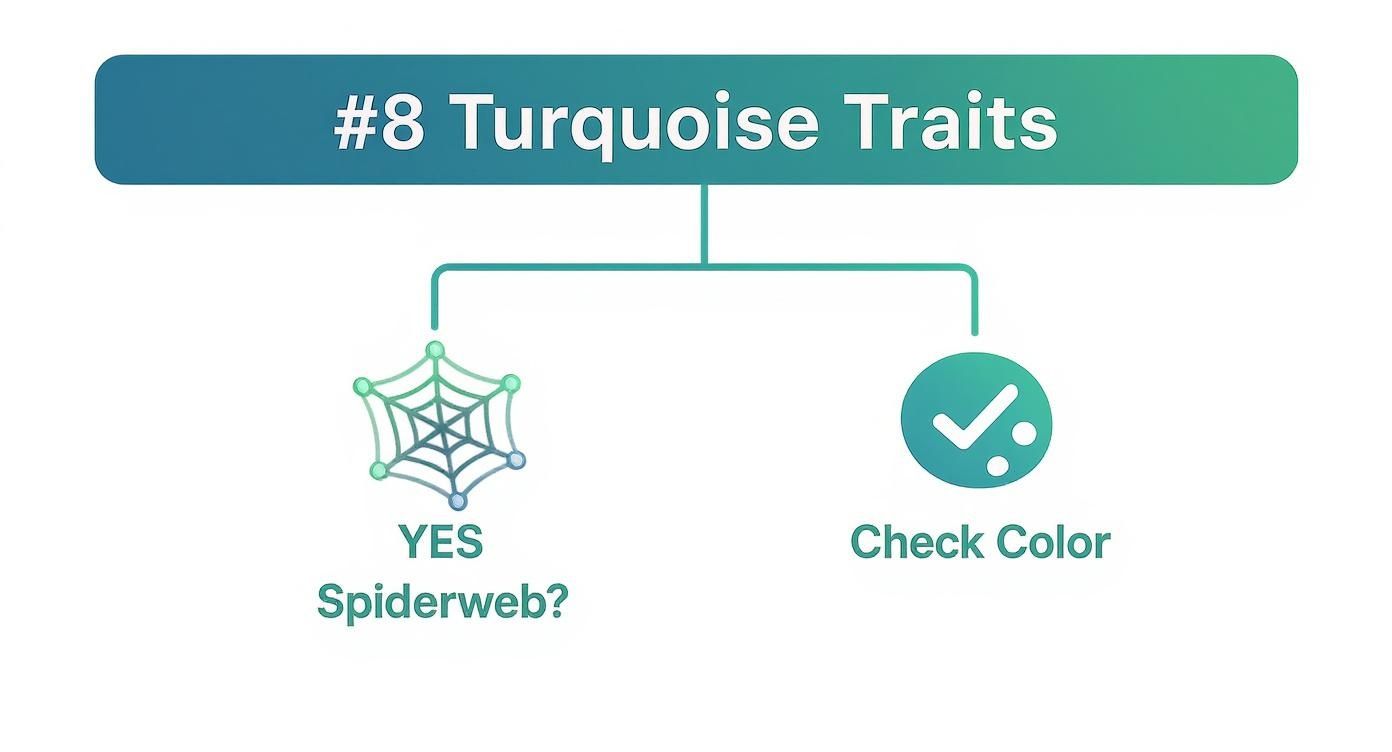 A diagram titled "#8 Turquoise Traits" showing two branches for a spiderweb icon and a checkmark icon.