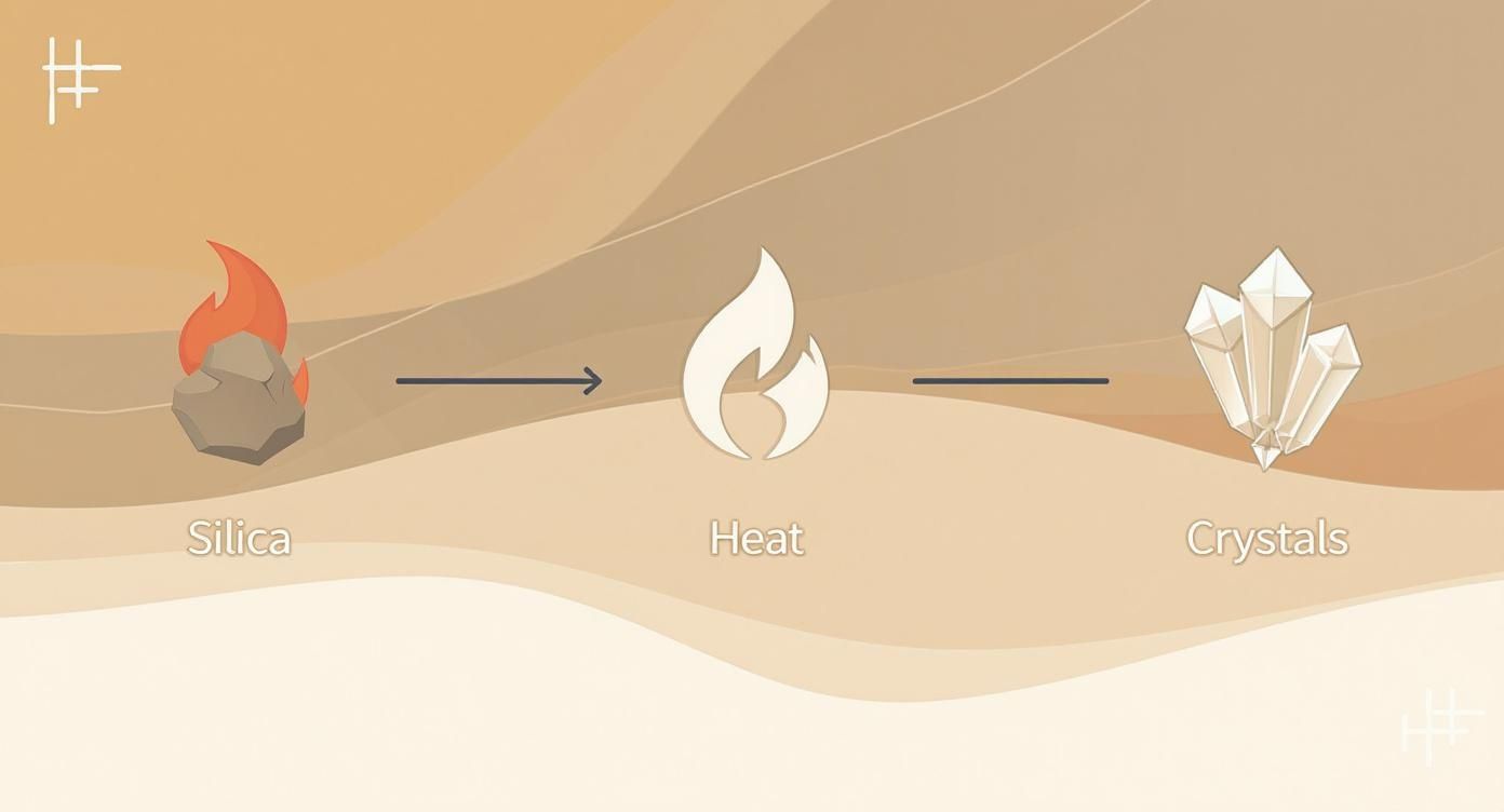 A diagram illustrating silica rock exposed to heat transforming into crystals, showing the process.