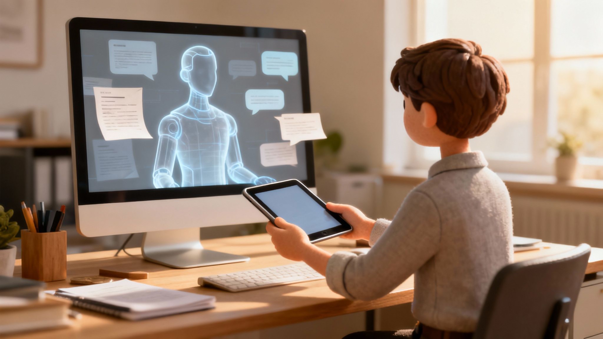 Animated person views an AI agent on a computer screen while holding a tablet.