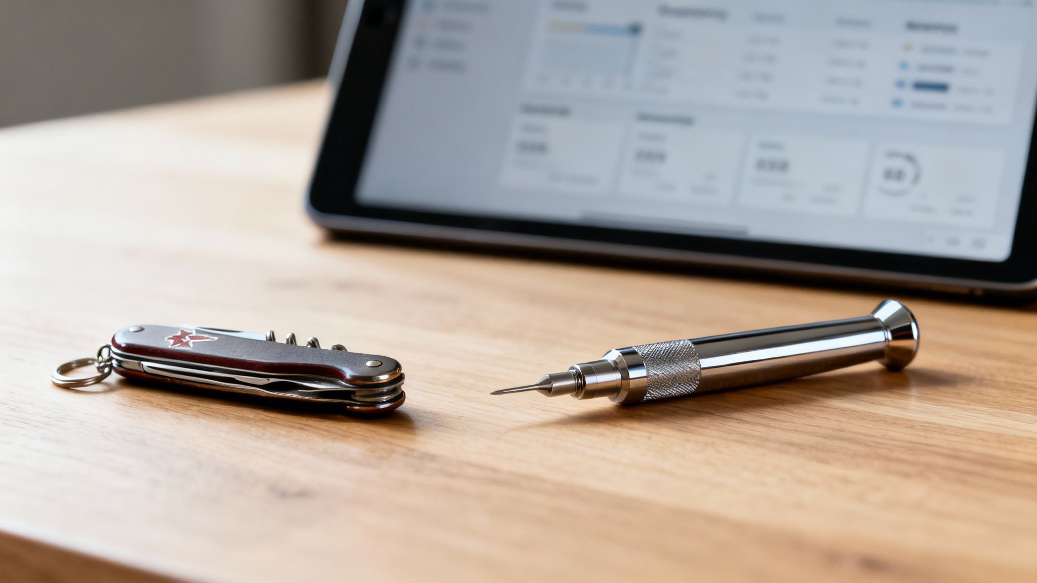 A red multi-tool and a shiny precision screwdriver on a wooden table with a tablet.