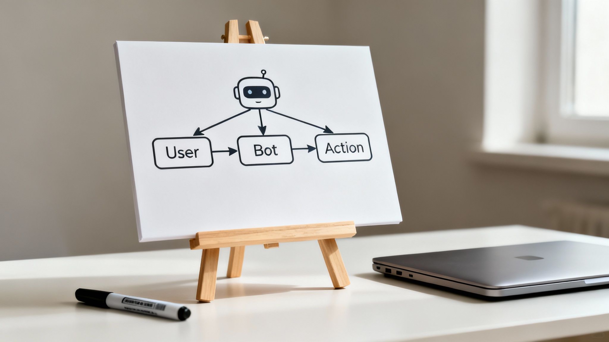 A diagram on a mini easel illustrates a chatbot interaction flow between User, Bot, and Action.