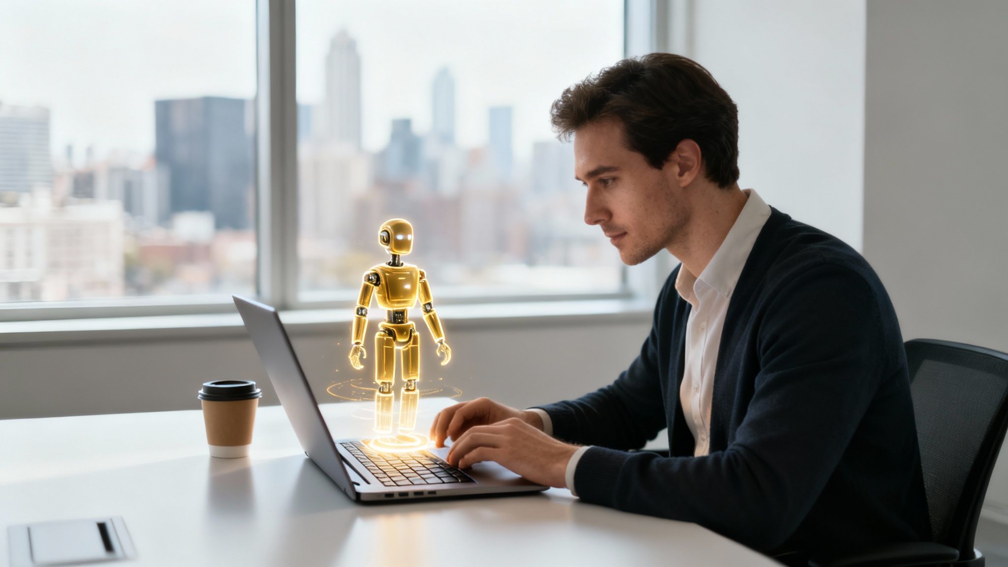 Businessman interacts with a virtual AI agent projected from his laptop at a modern workspace.