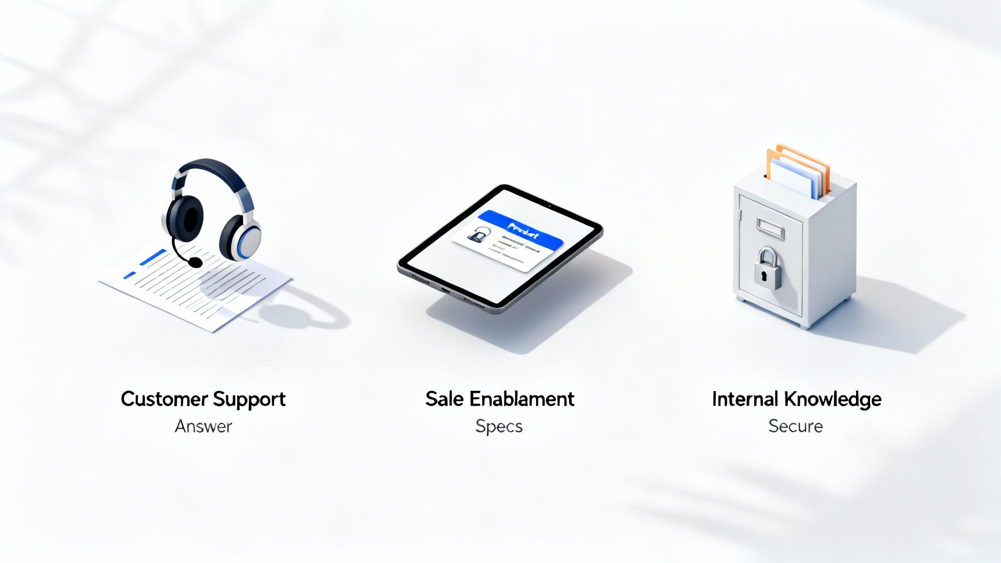 Three icons representing customer support, sales enablement, and internal knowledge, with headphones, a tablet, and a filing cabinet.