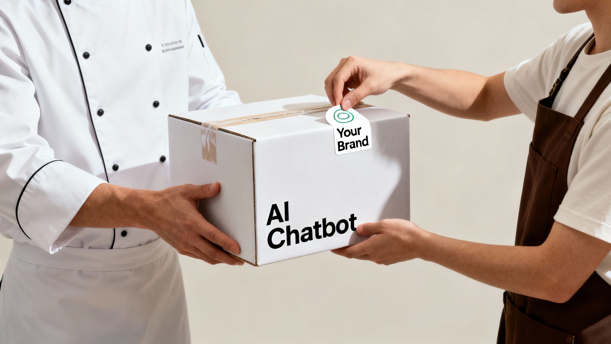 A chef hands a white box labeled 'AI Chatbot' with a 'Your Brand' sticker to a customer.