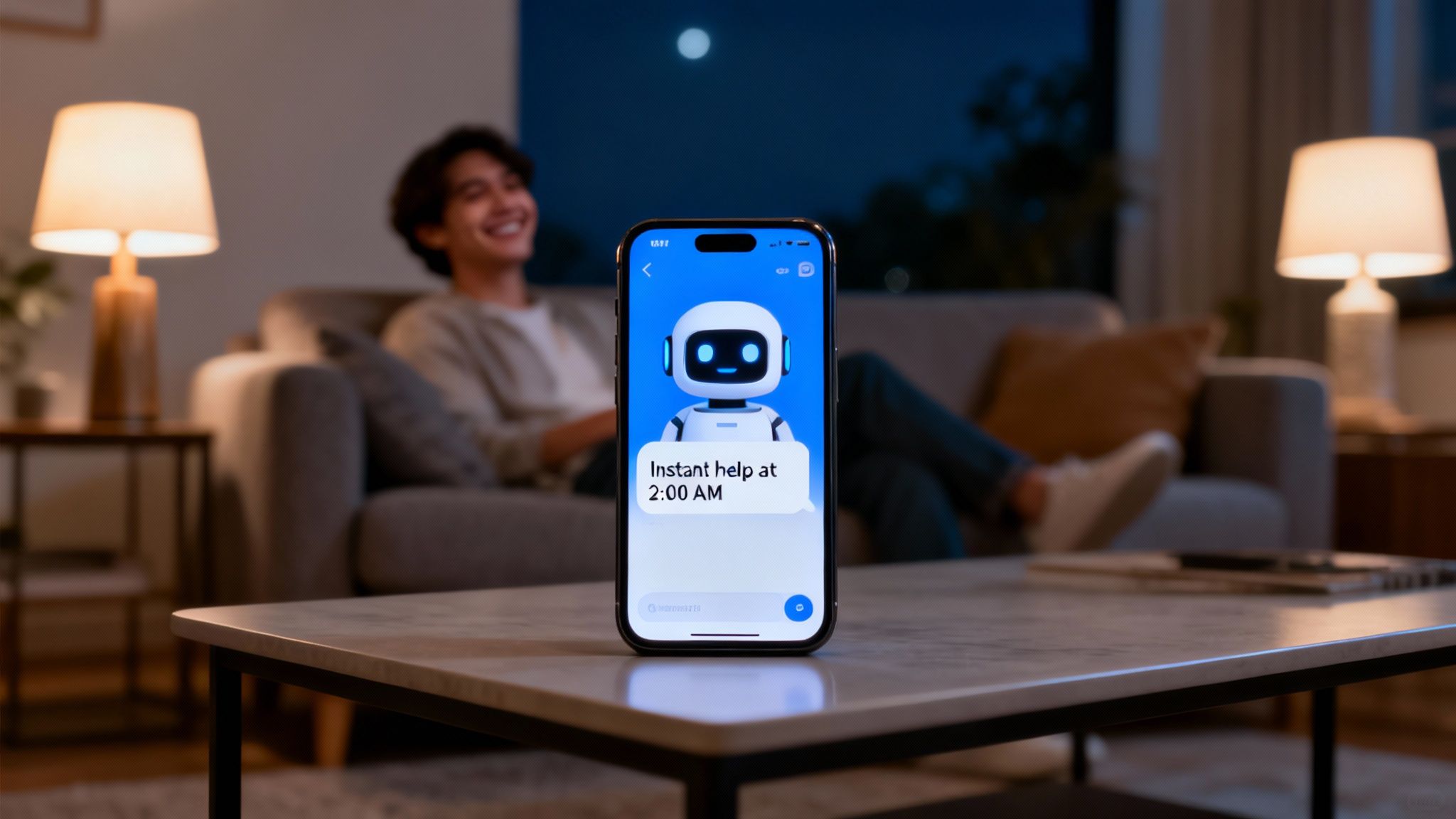 A man smiles on a sofa while a phone displays a chatbot offering instant help at night.