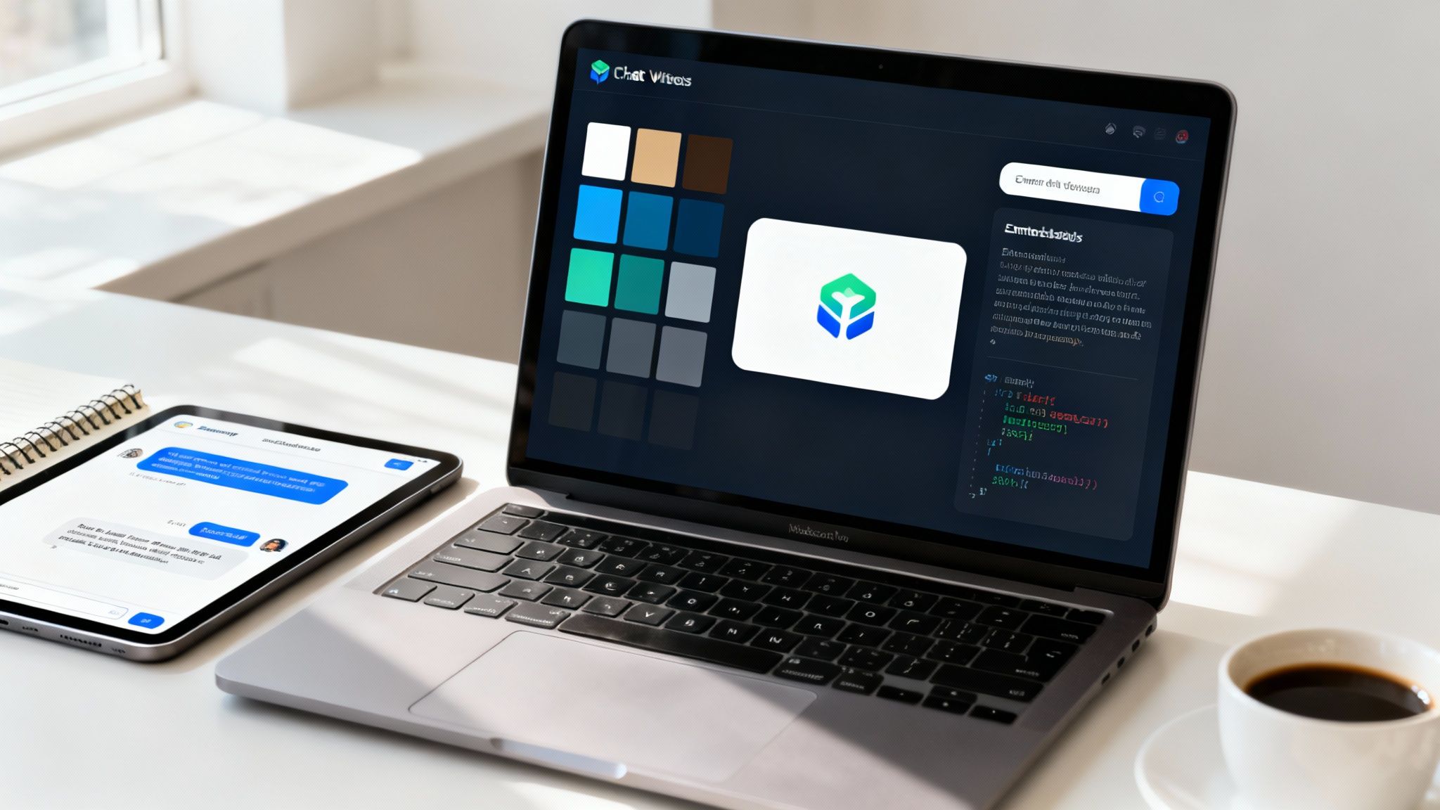 A bright workspace featuring a laptop with UI design, a tablet with a chat app, and a coffee cup.