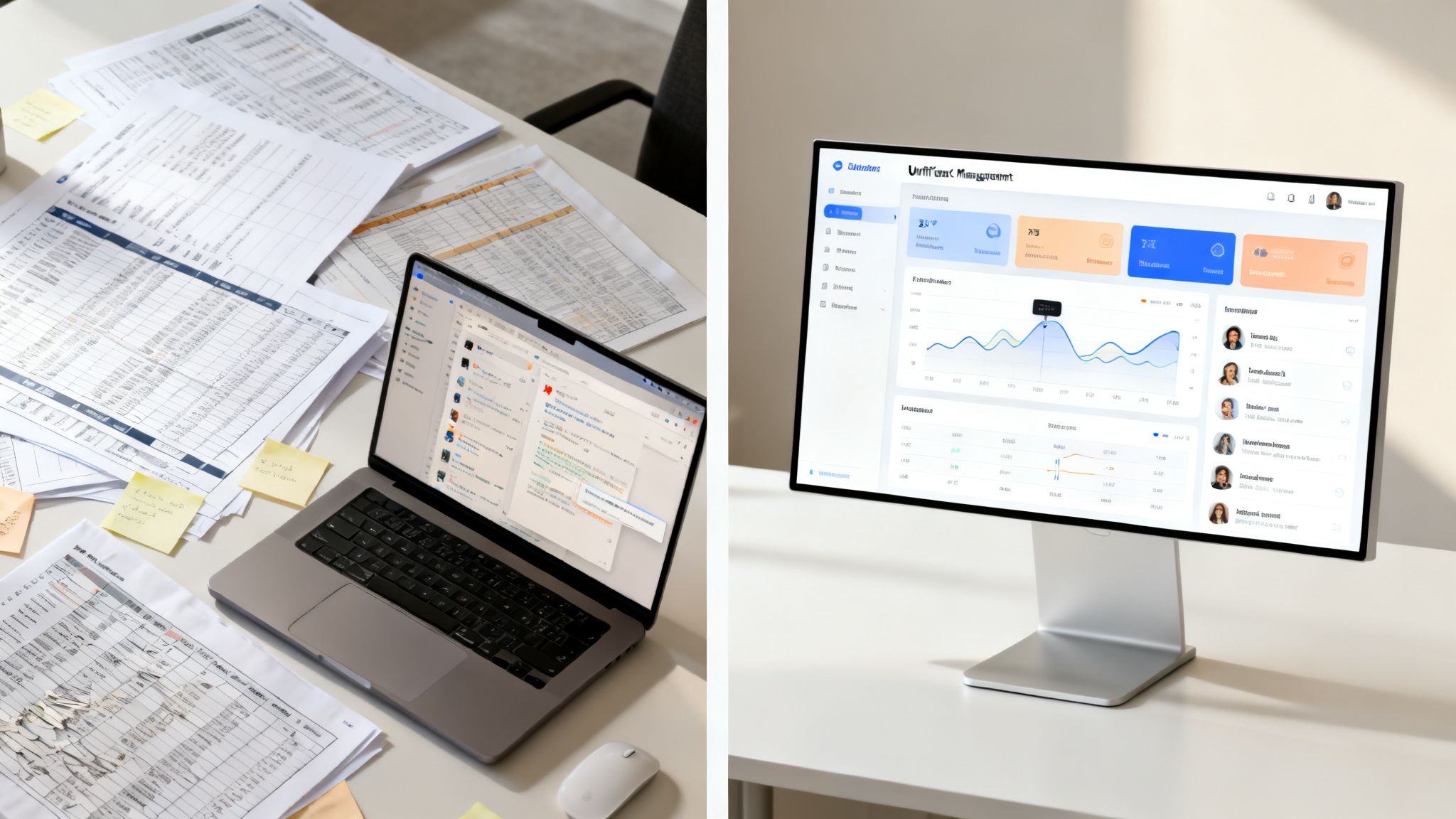 Comparing a messy, paper-filled desk with a laptop to a clean desk displaying client management software.