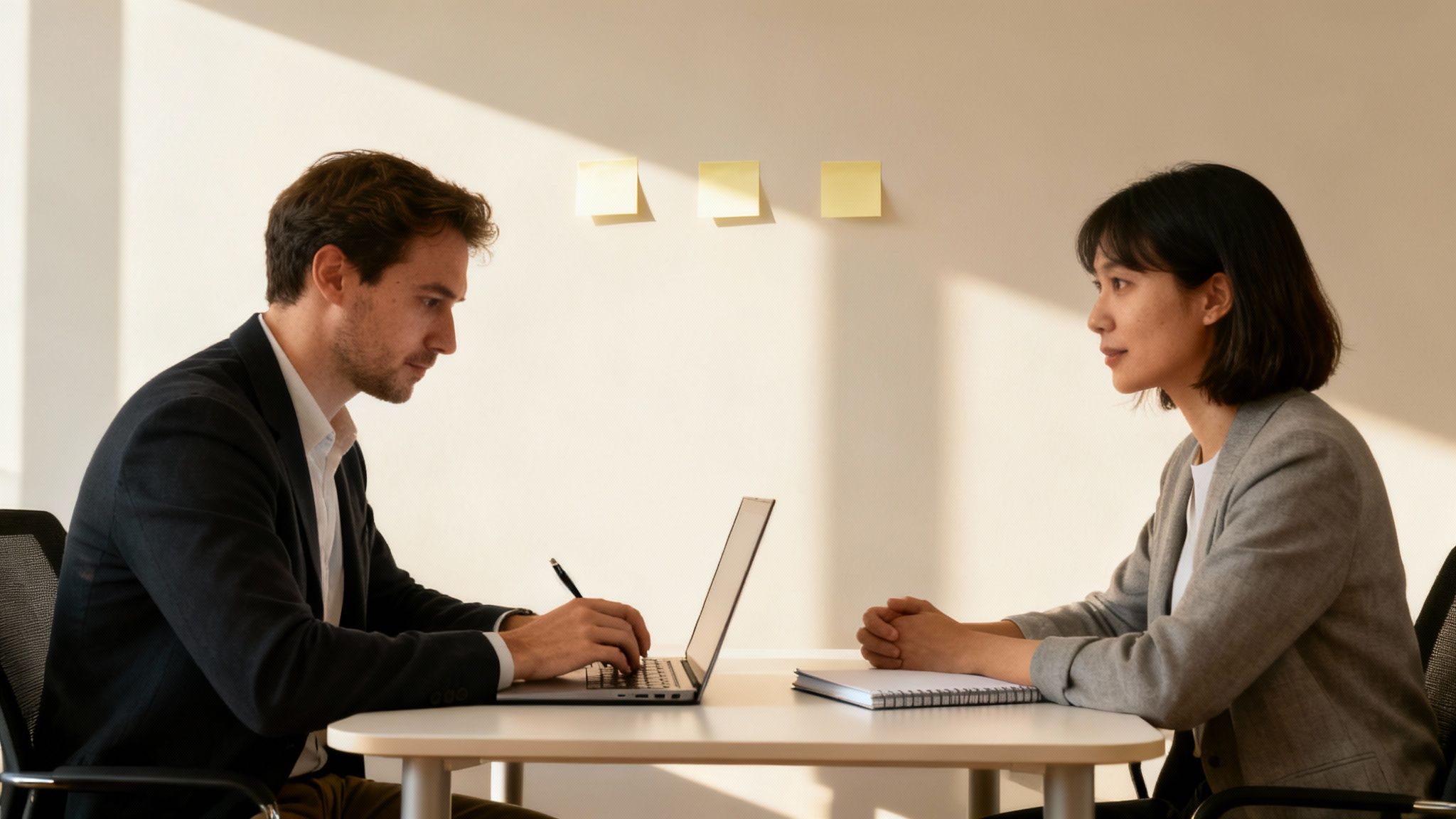 Two professionals, a man typing on a laptop and a woman listening during an office meeting.
