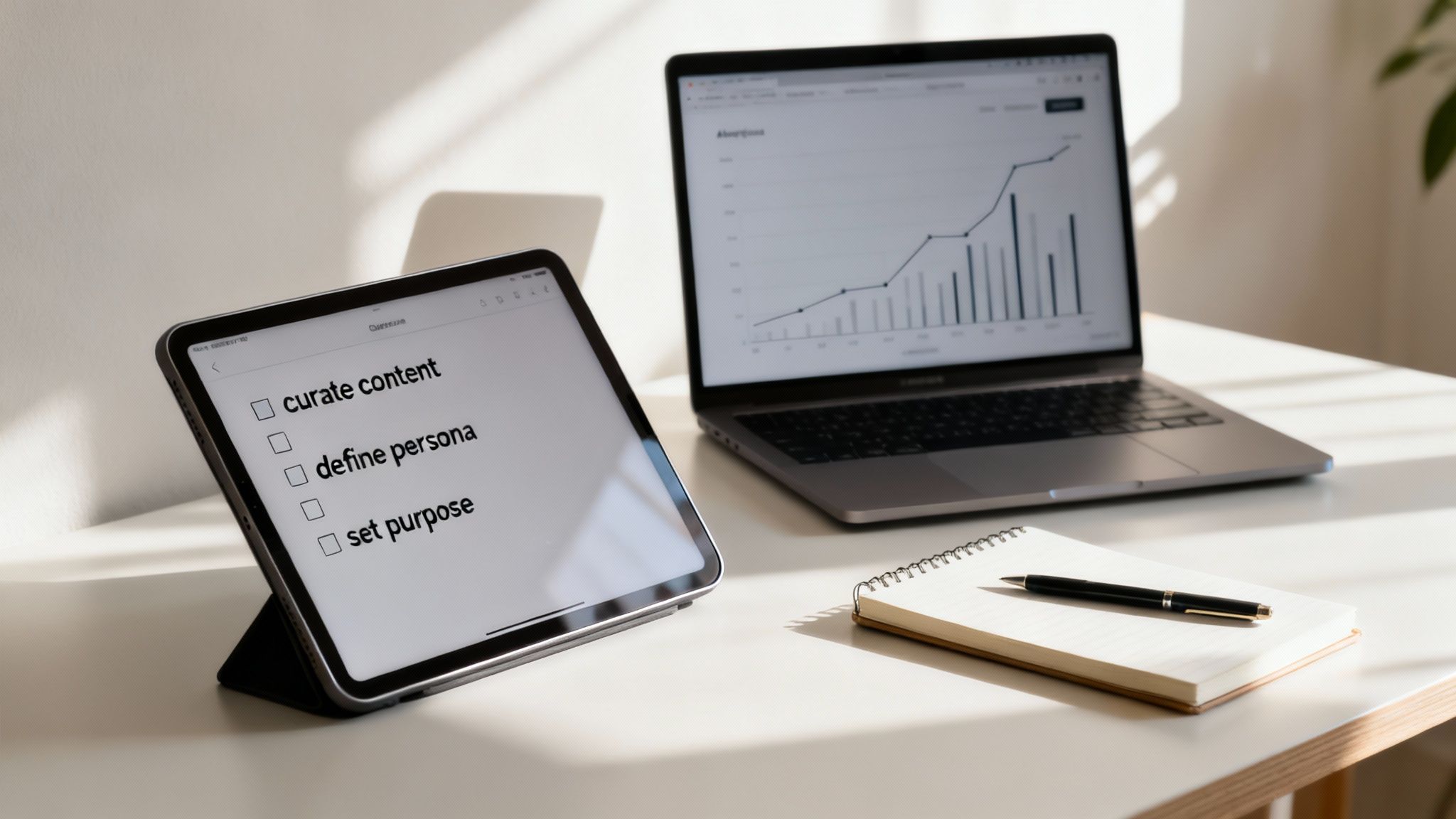 A modern workspace featuring a tablet displaying a content strategy checklist, a laptop with a graph, and a notebook with a pen.