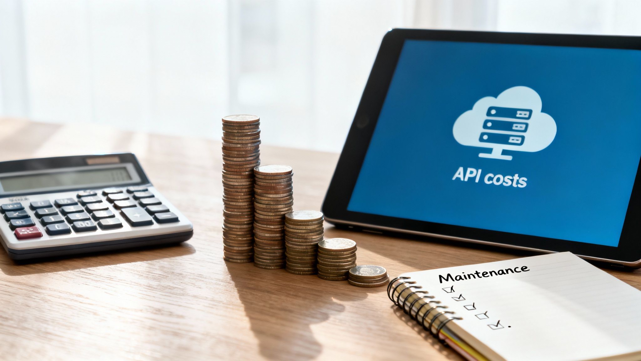 Stacks of coins, a calculator, a tablet displaying 'API costs', and a maintenance checklist on a desk.