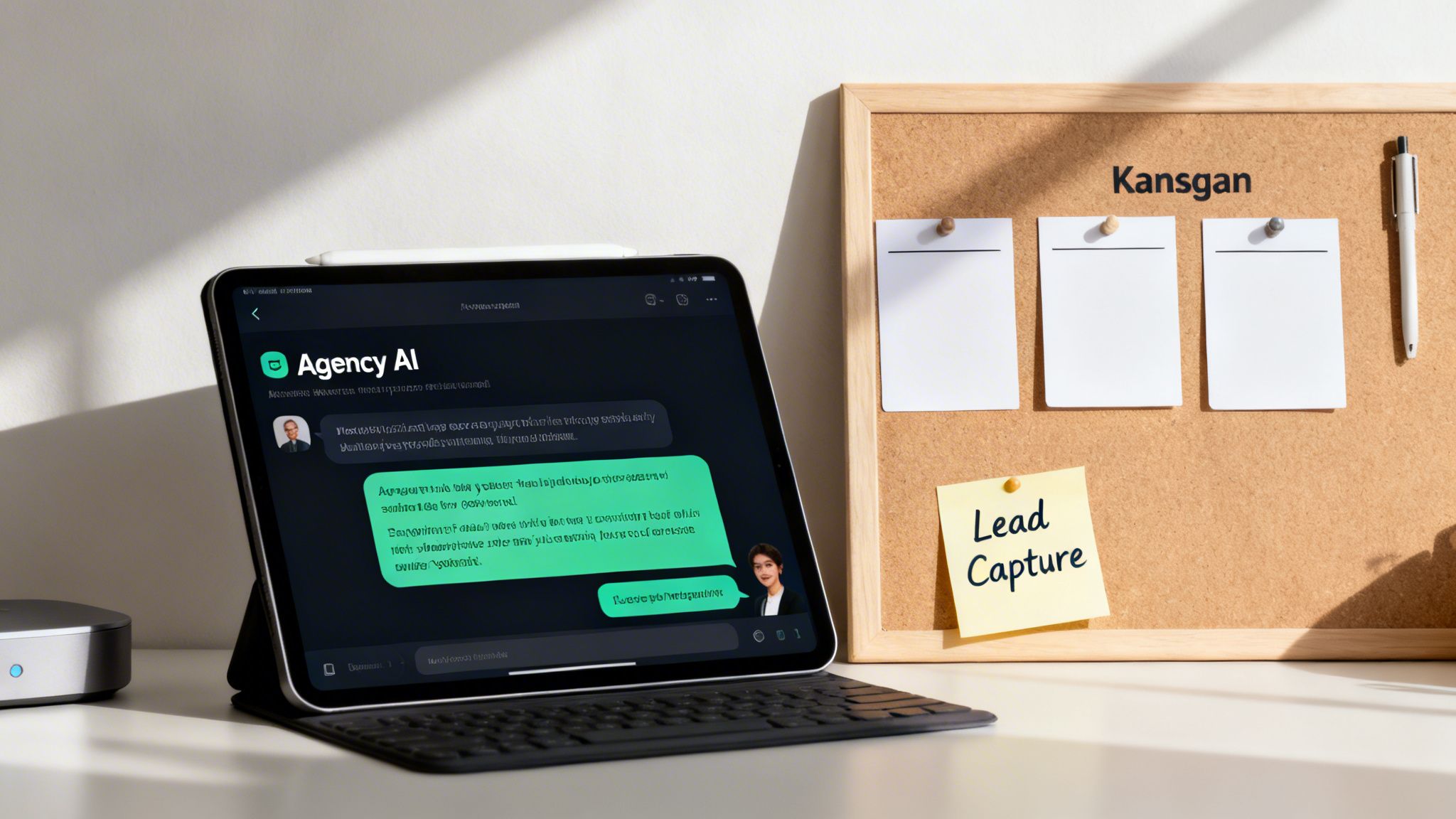 Digital tablet with Agency AI chat, next to a cork board showing 'Lead Capture' note.