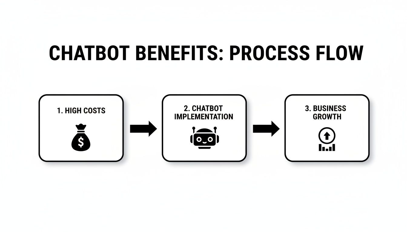 A process flow illustrating chatbot benefits: high costs lead to chatbot implementation, resulting in business growth.