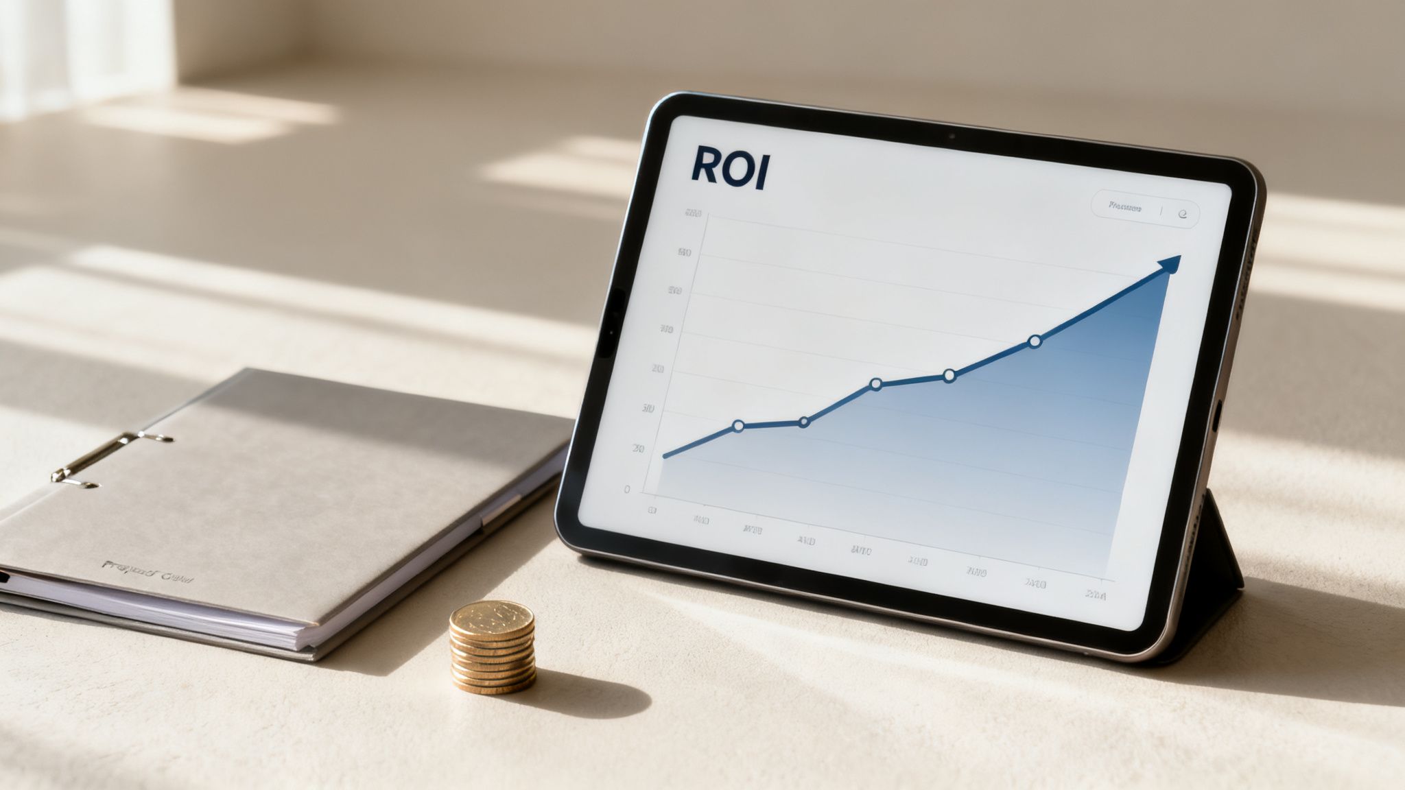 Tablet displaying an ROI growth graph, stack of gold coins, and a notebook on a desk.