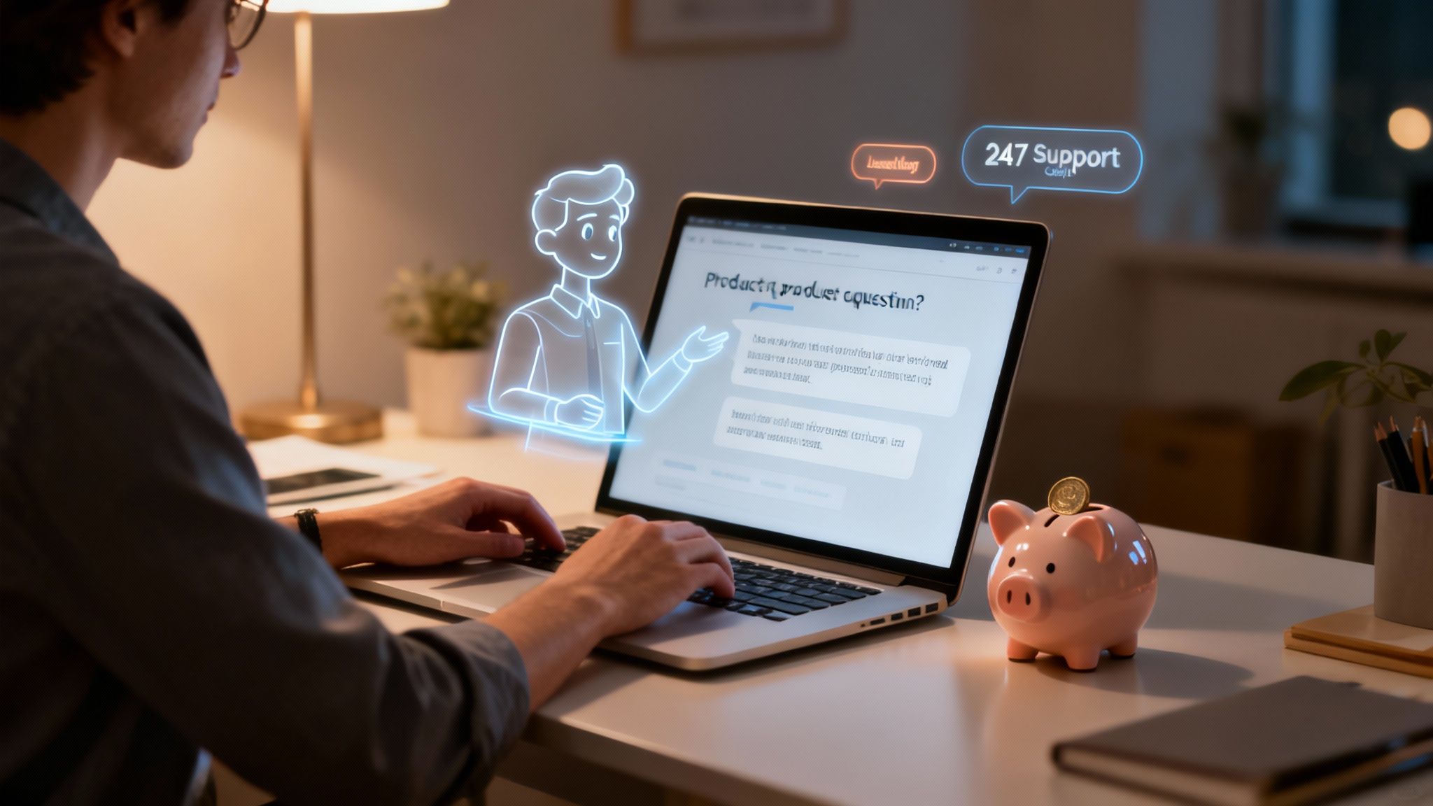 A person works on a laptop with an AI assistant hologram and '247 Support' displayed, alongside a piggy bank.