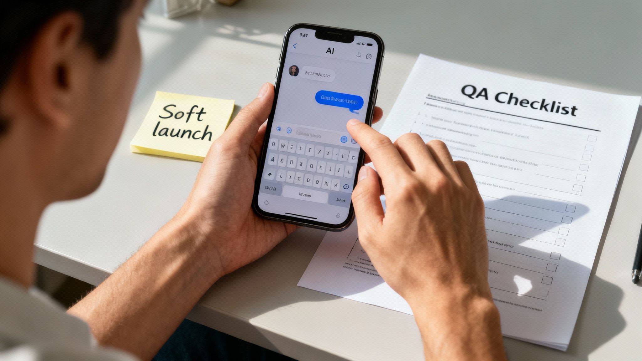 A person's hands typing on a smartphone displaying an AI chat interface, next to 'Soft launch' note and a QA checklist.