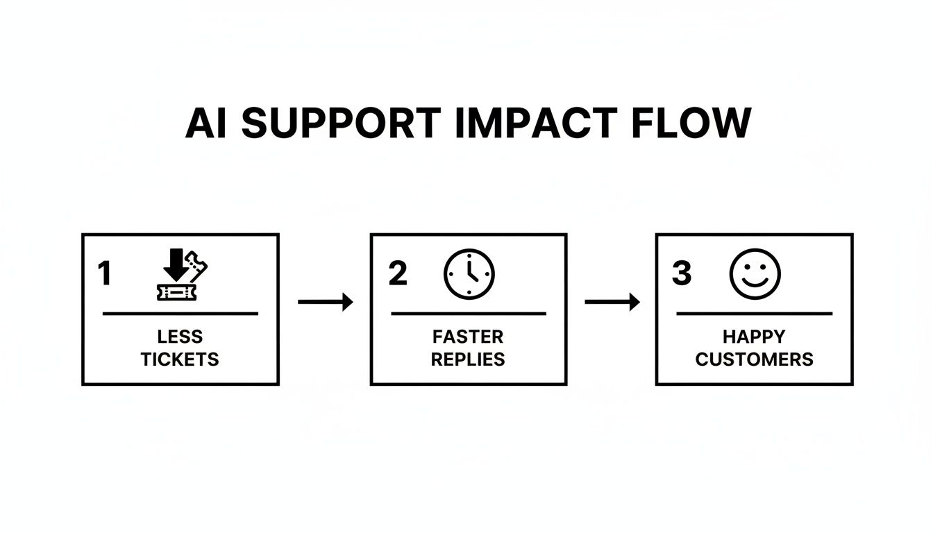 Flowchart illustrating the positive impact of AI support: fewer tickets, faster replies, and happier customers.
