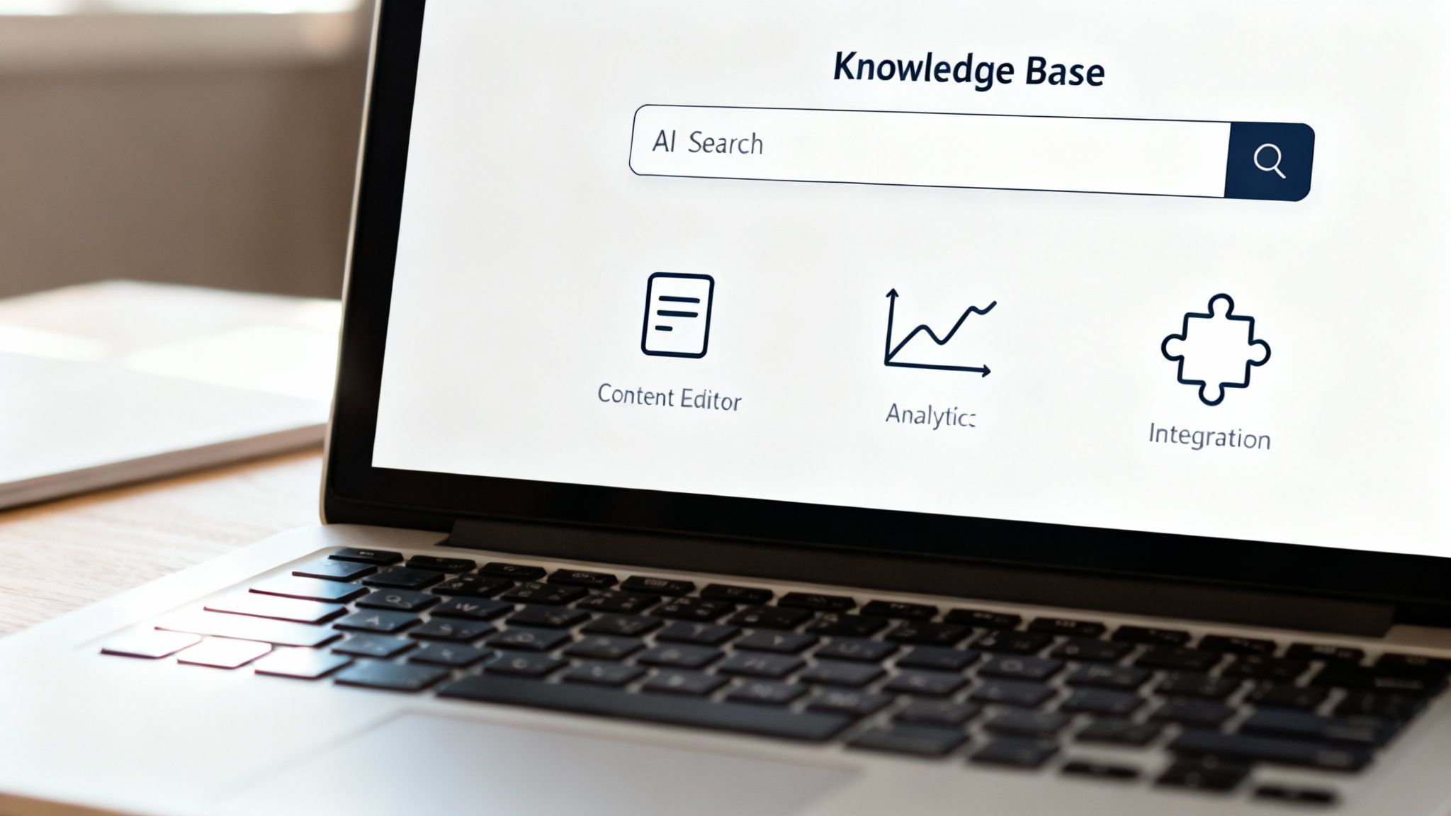 A close-up of a laptop screen showing a knowledge base interface with an AI search bar and feature options.