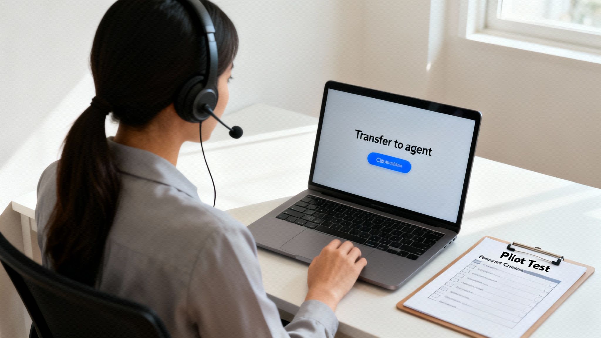A person with a headset at a laptop screen showing 'Transfer to agent', next to a 'Pilot Test' clipboard.