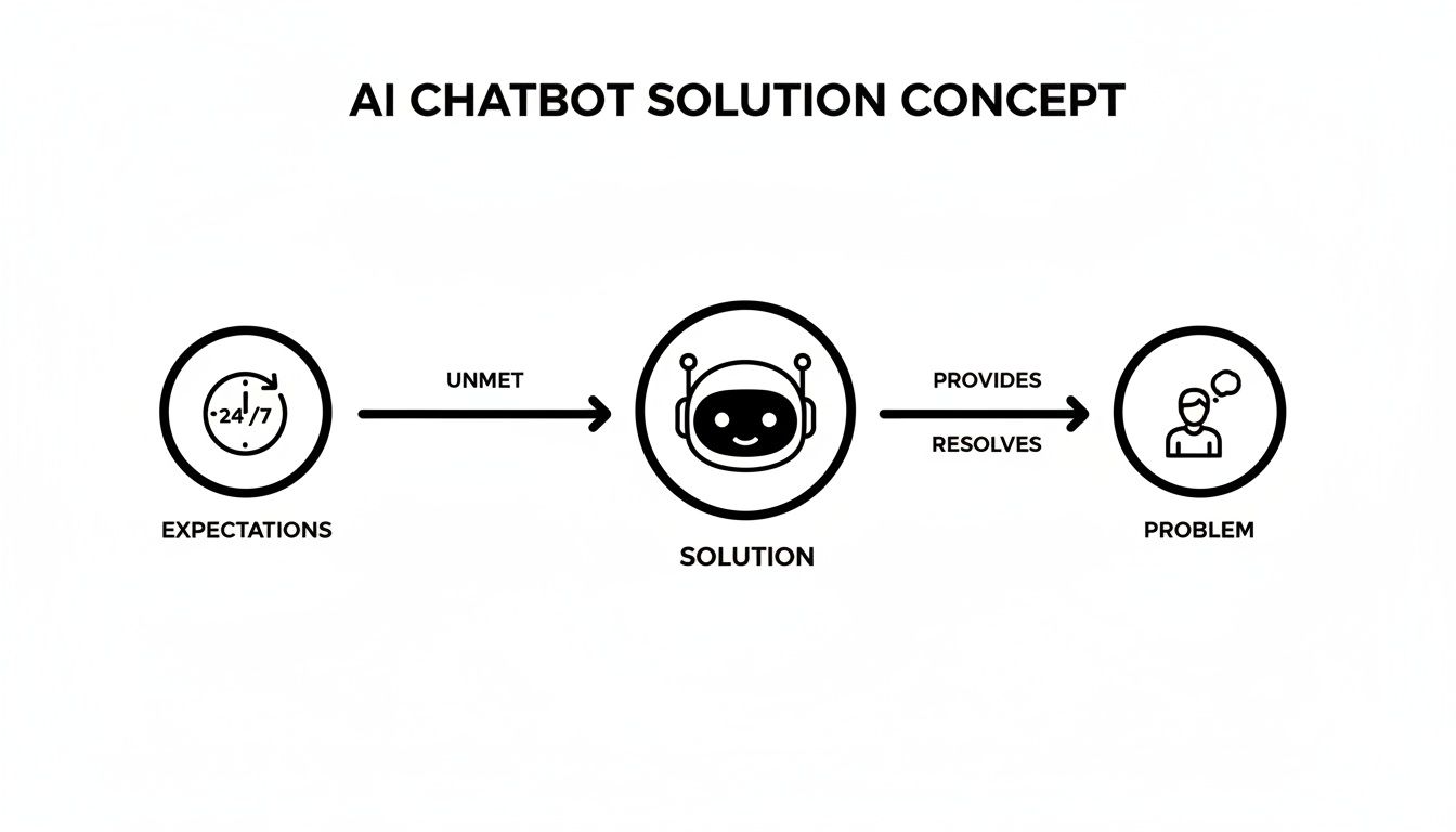 Diagram showing an AI chatbot solution addressing unmet expectations and resolving customer problems.