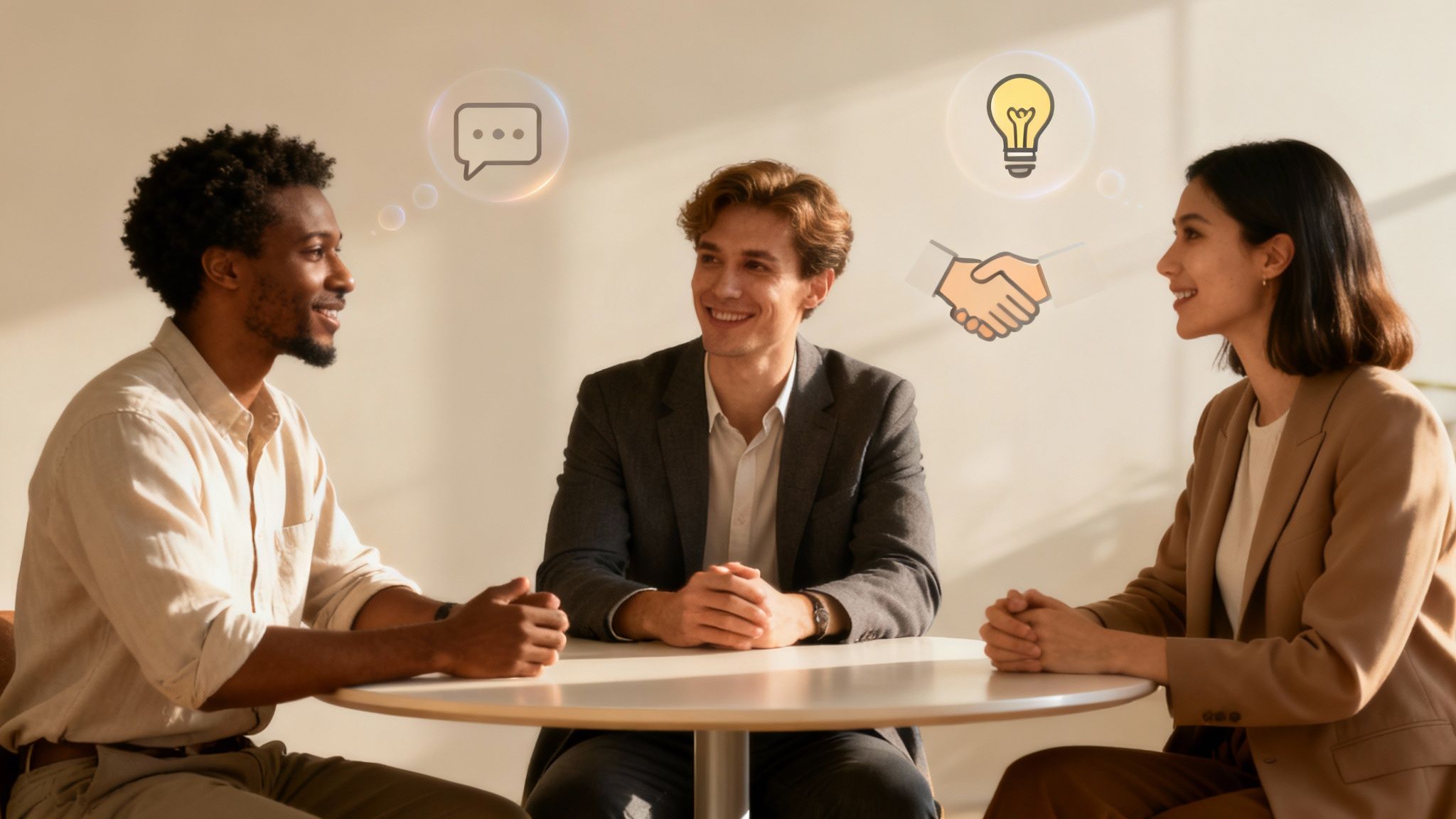 Three diverse professionals discussing ideas, collaborating, and reaching an agreement at a table.