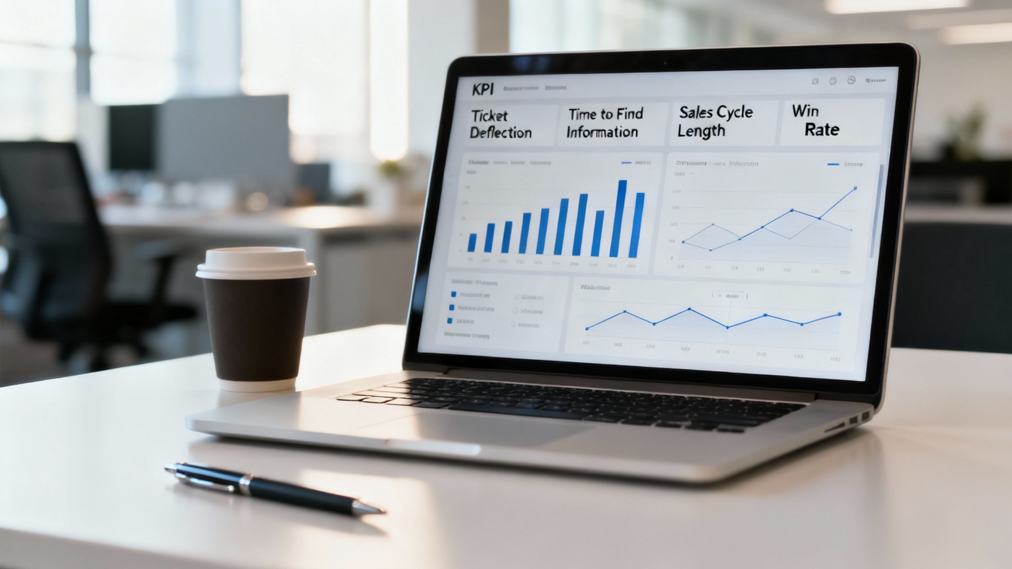 Laptop displaying a knowledge management system dashboard with key performance indicators in an office.