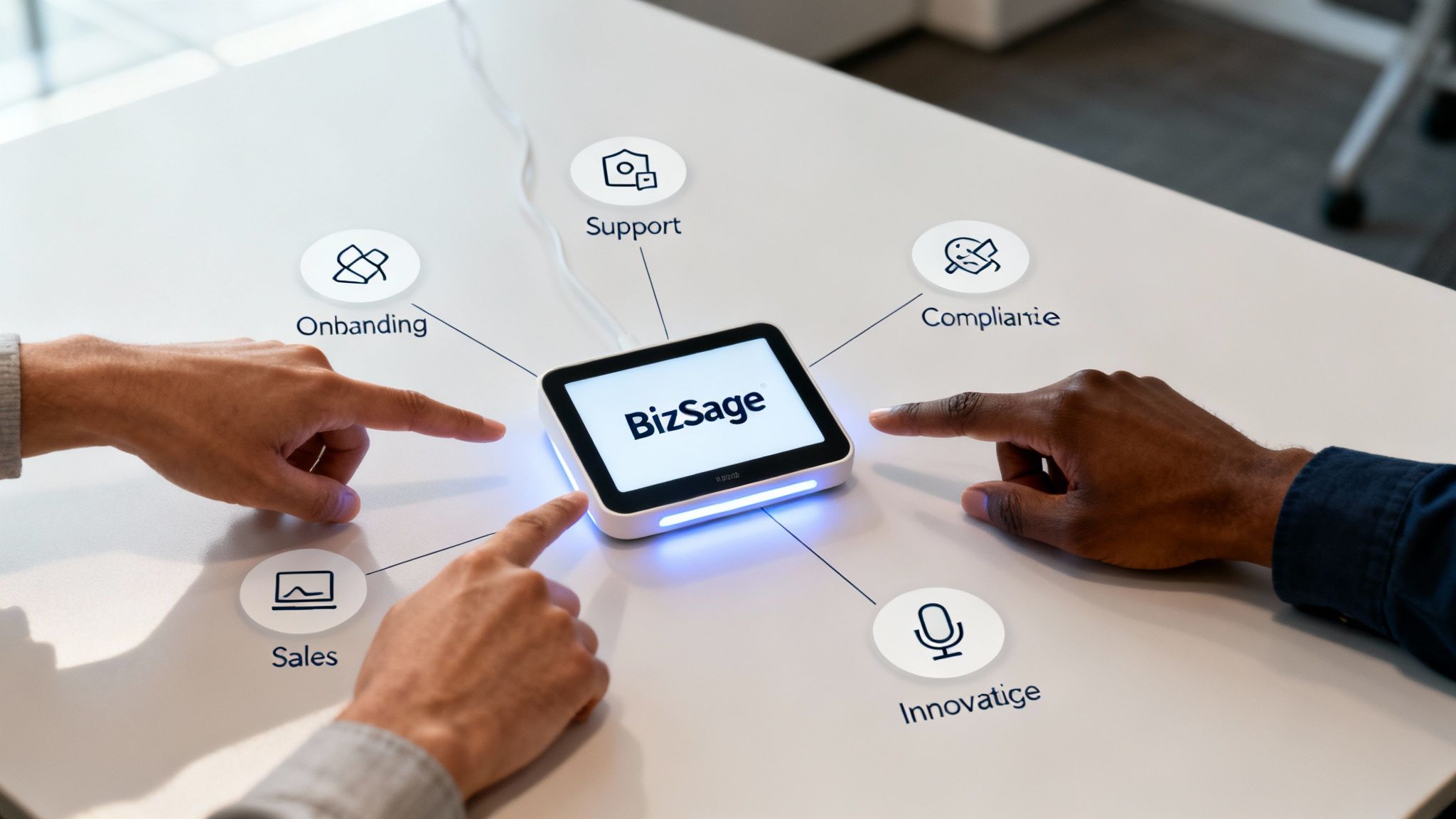 Two people's hands interact with a BizSage device, connected to icons for onboarding, support, compliance, sales, and innovatige.