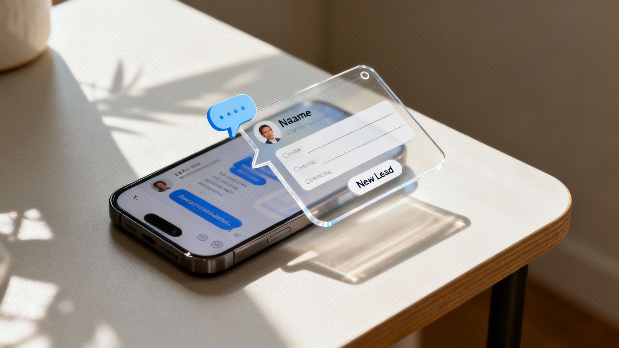 A smartphone on a desk showing a chat app, with a floating translucent 'New Lead' contact card.