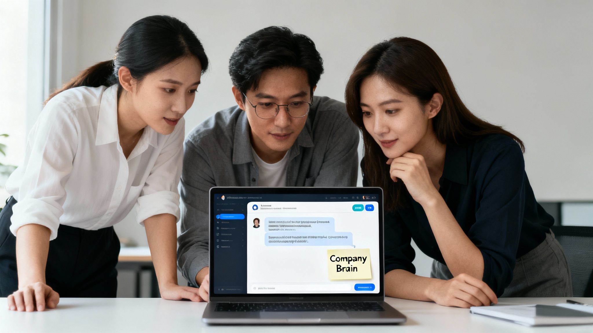 Three diverse professionals collaboratively examine an AI chat website on a laptop in an office.