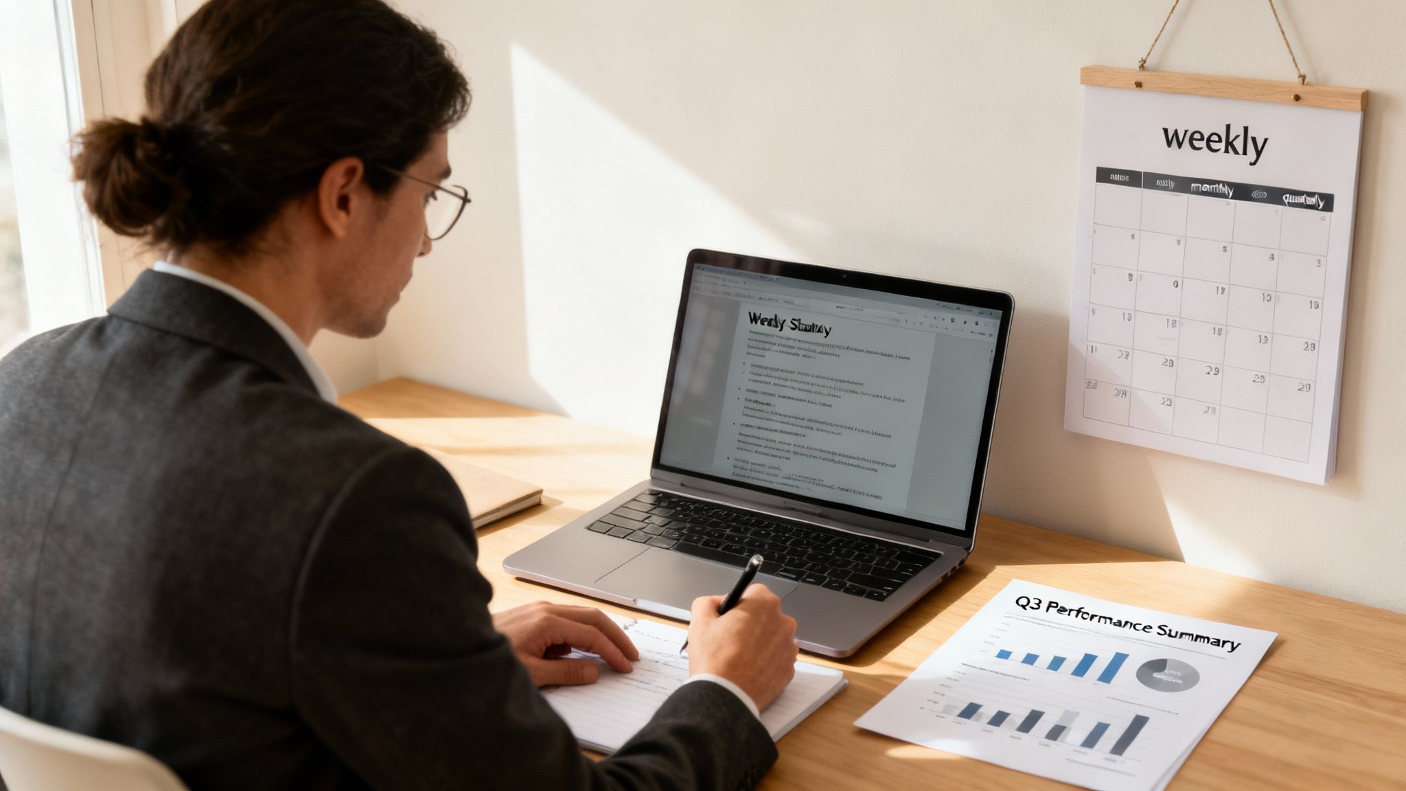 Over-the-shoulder view of a man working on a laptop, writing notes, and analyzing reports.