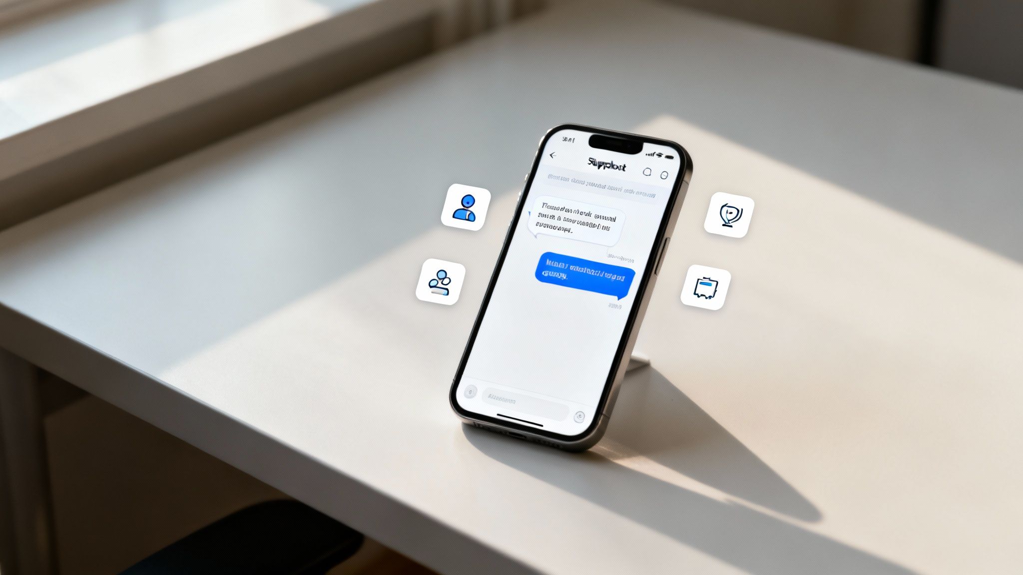 A smartphone displaying a messaging app on a white desk with floating support icons.