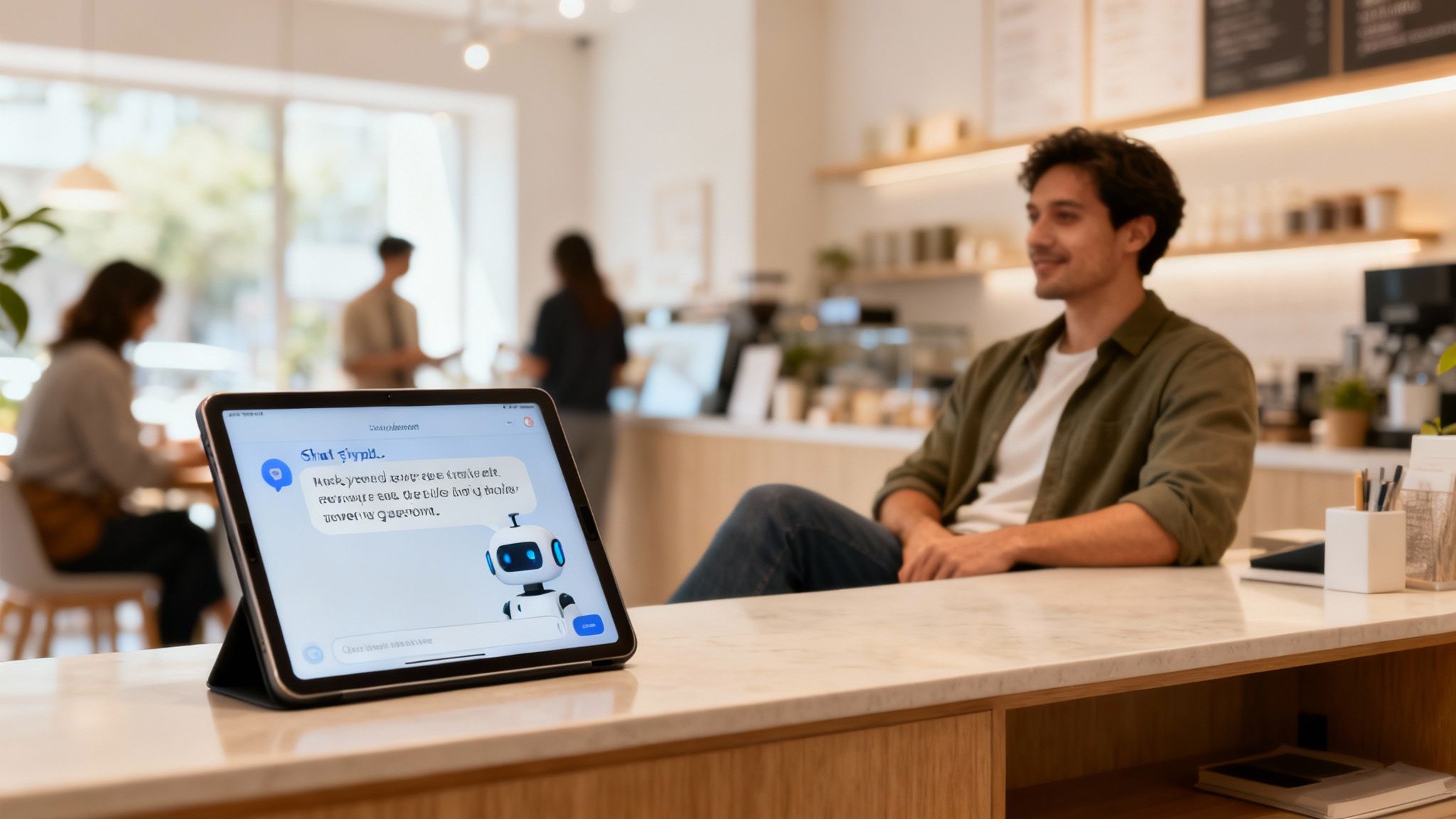 A man smiles while sitting at a modern cafe counter with a tablet displaying an AI chatbot.