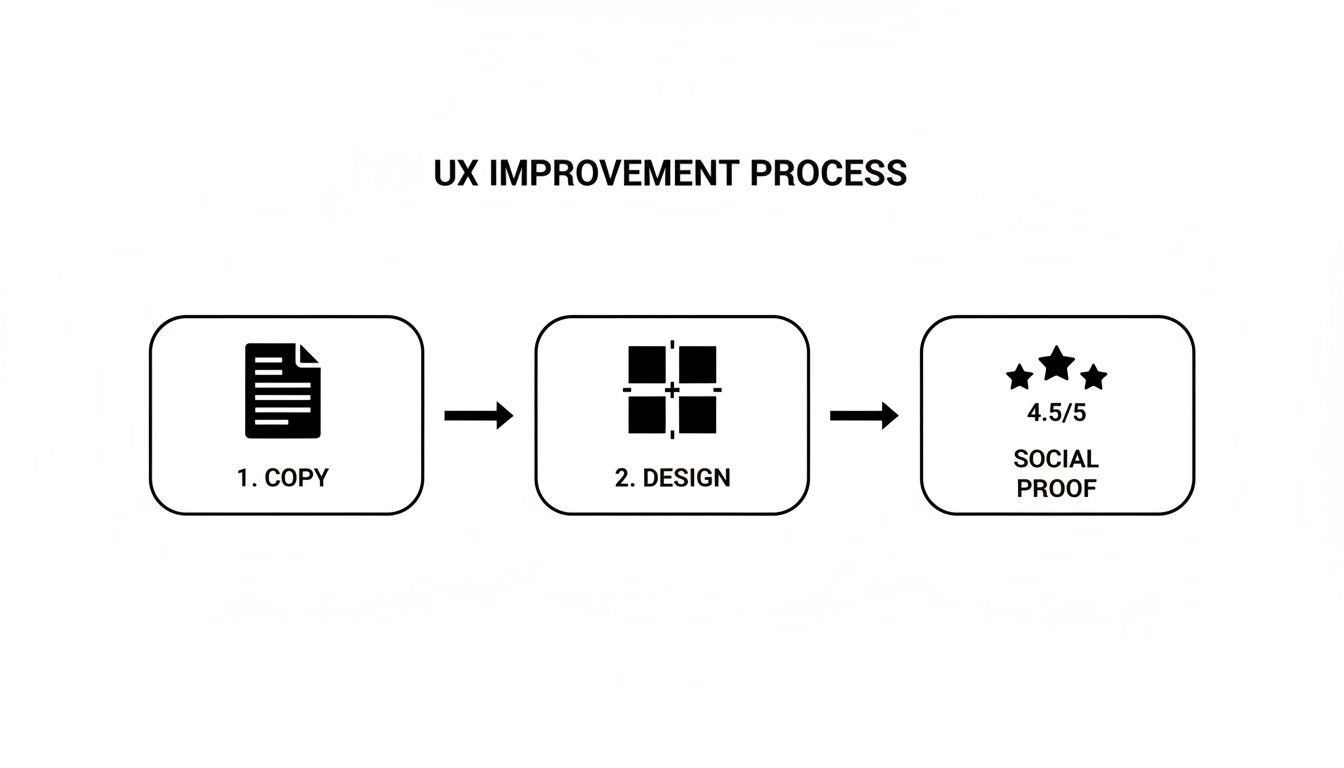 Flowchart illustrating the UX improvement process with steps: copy, design, and social proof.