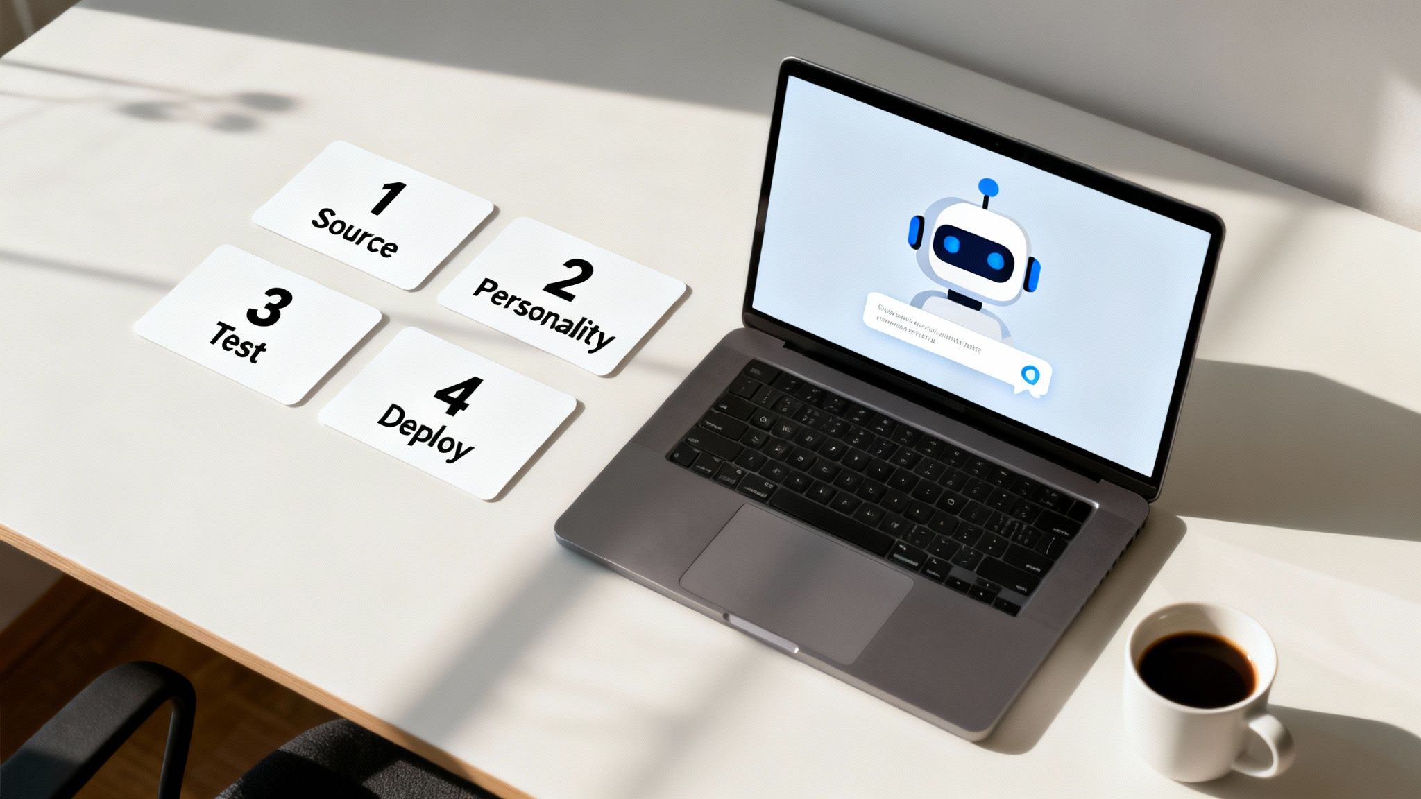 A laptop displays an AI chatbot screen, surrounded by cards detailing its development process: Source, Personality, Test, Deploy.