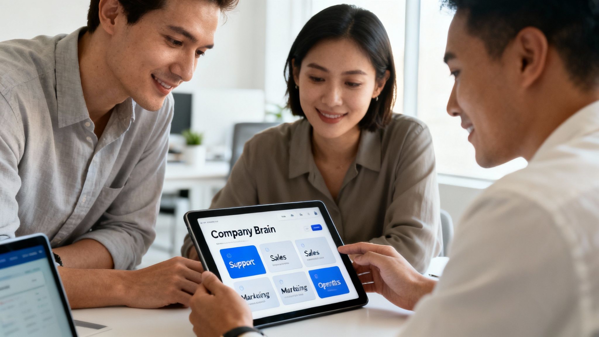 Three diverse colleagues smiling and collaborating around a tablet showing a "Company Brain" application.