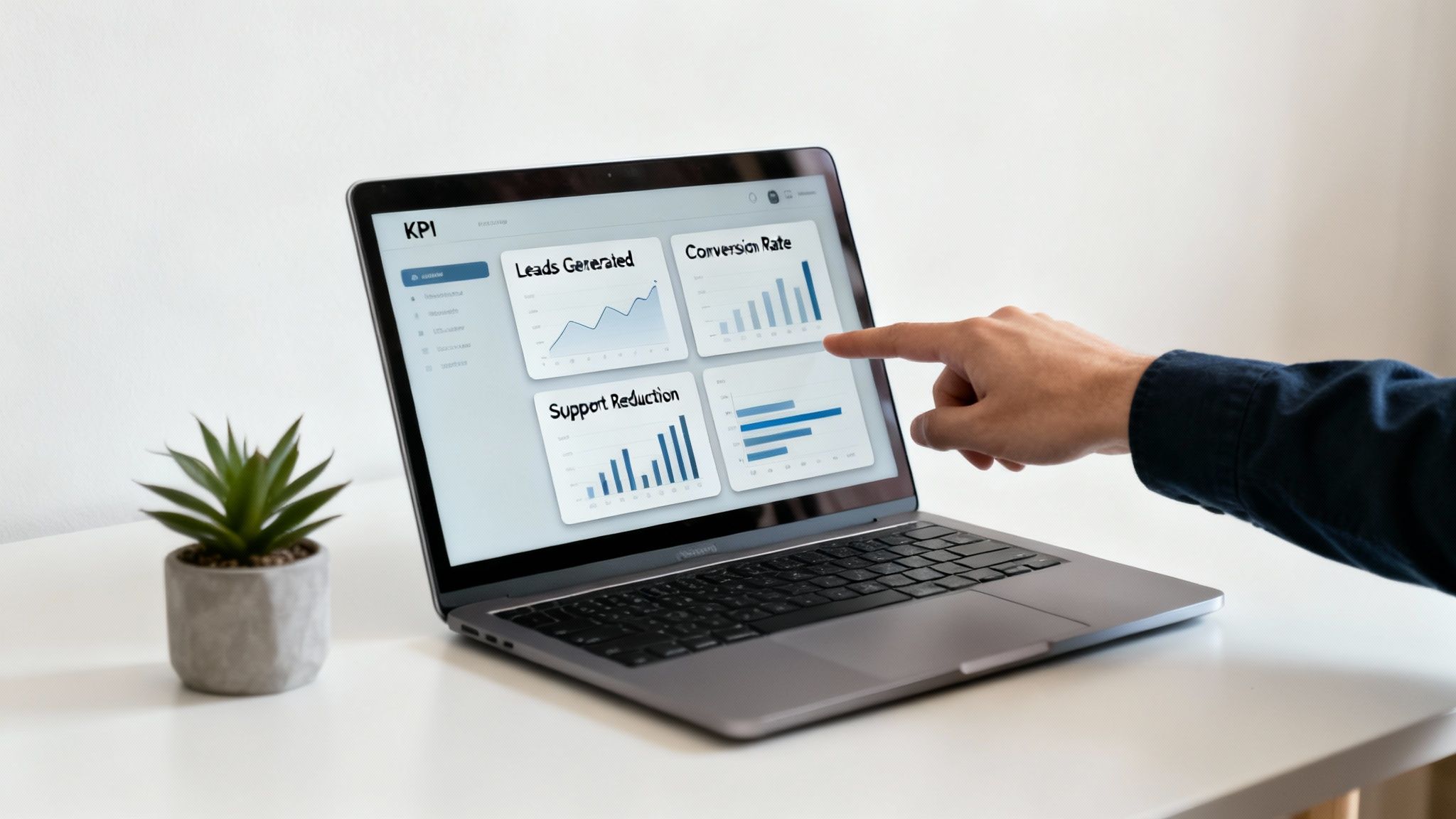 A hand points at a laptop screen displaying a KPI dashboard with business performance charts.