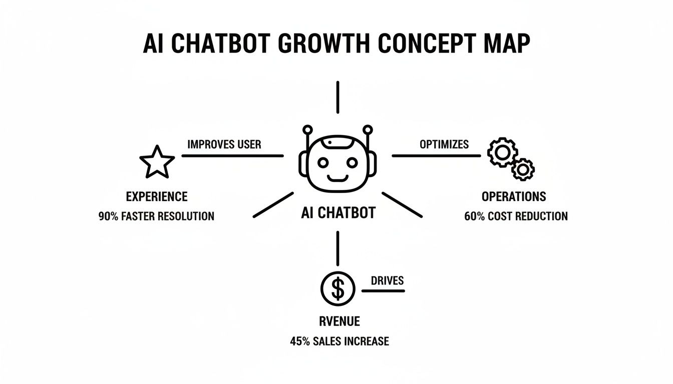 Concept map illustrating AI chatbot benefits: improved user experience, optimized operations, and increased revenue.
