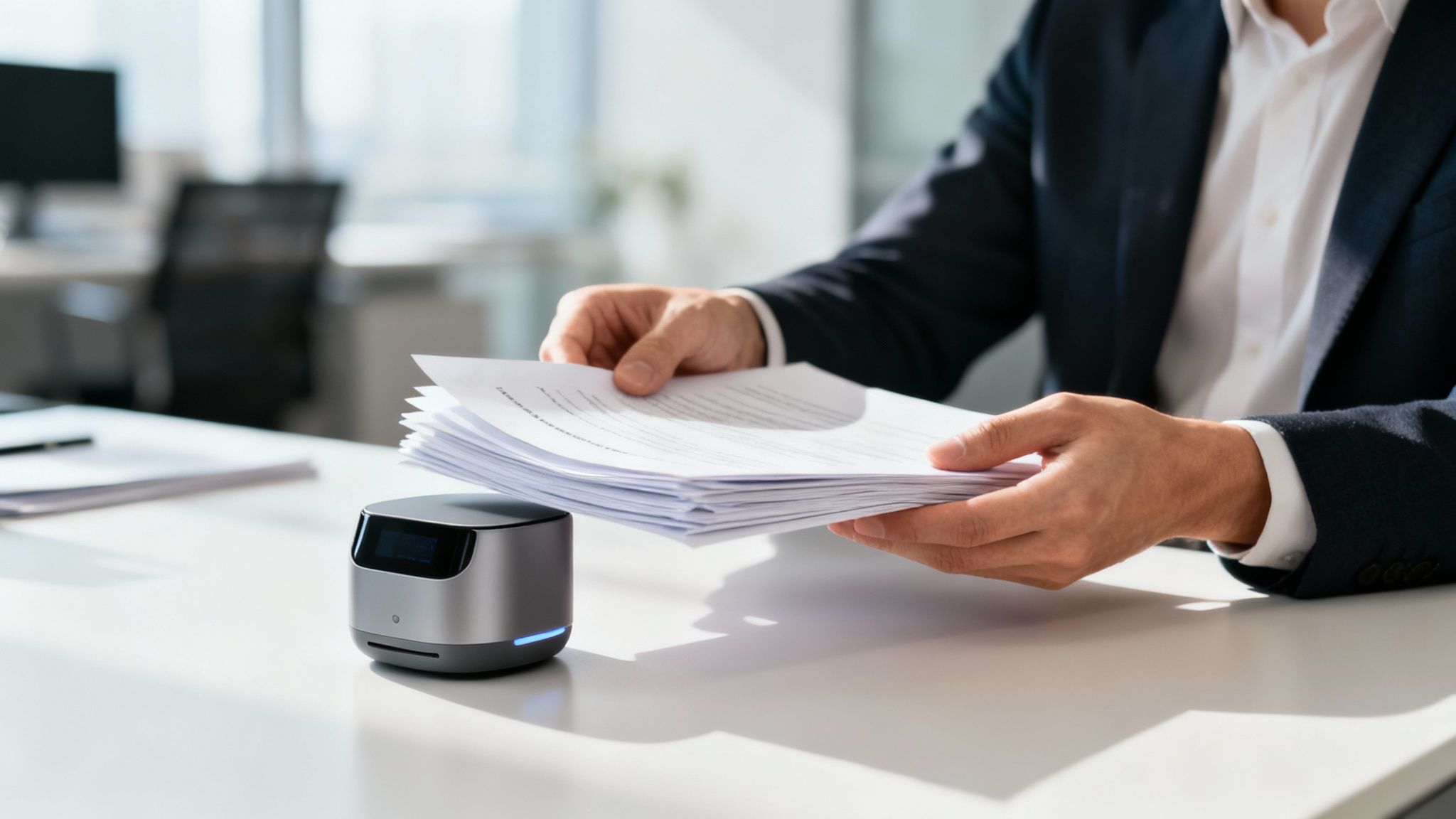 Businessman scanning documents with a modern smart device on a bright office desk.