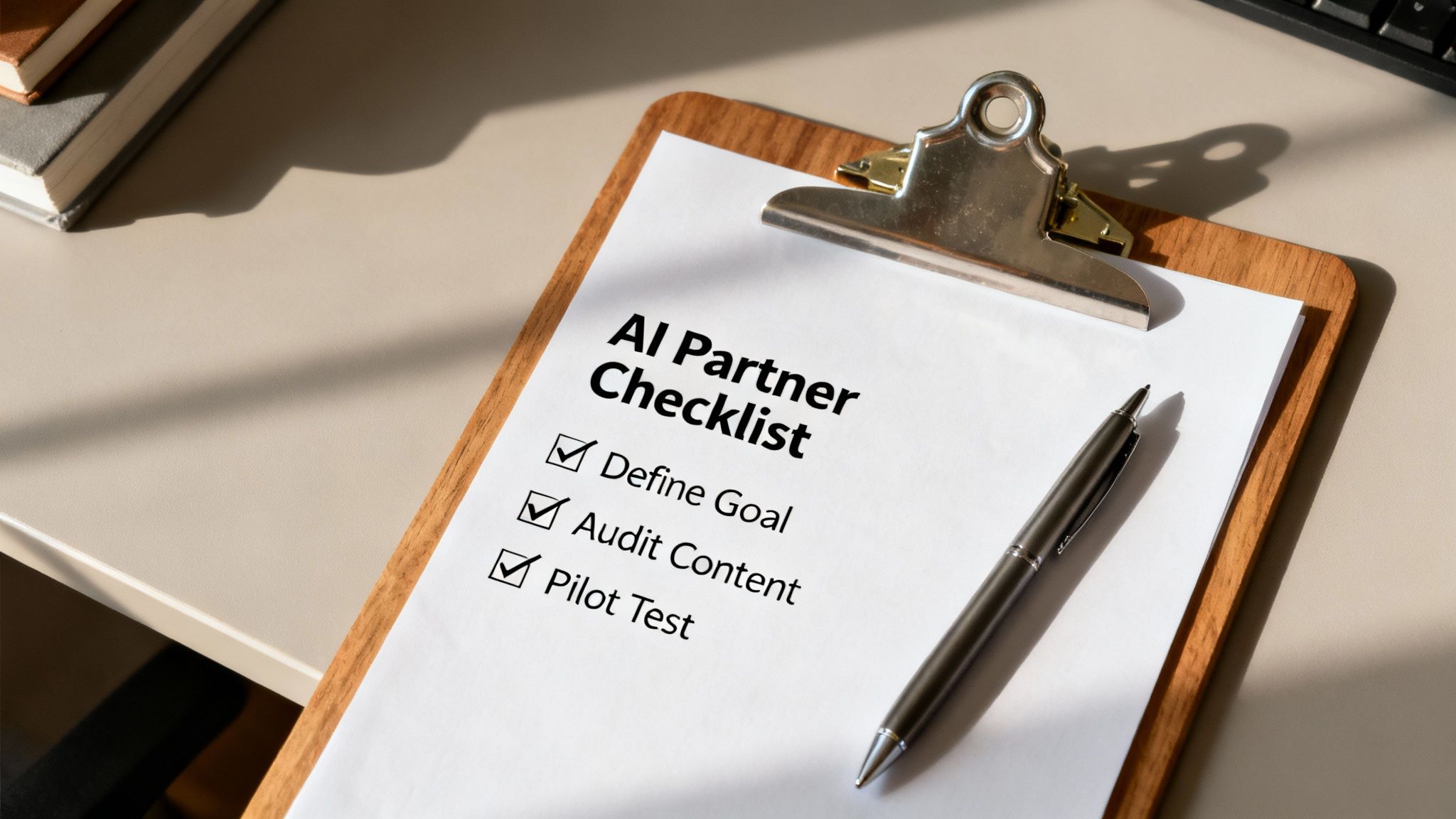 A clipboard displays an 'AI Partner Checklist' with three items checked: Define Goal, Audit Content, and Pilot Test.