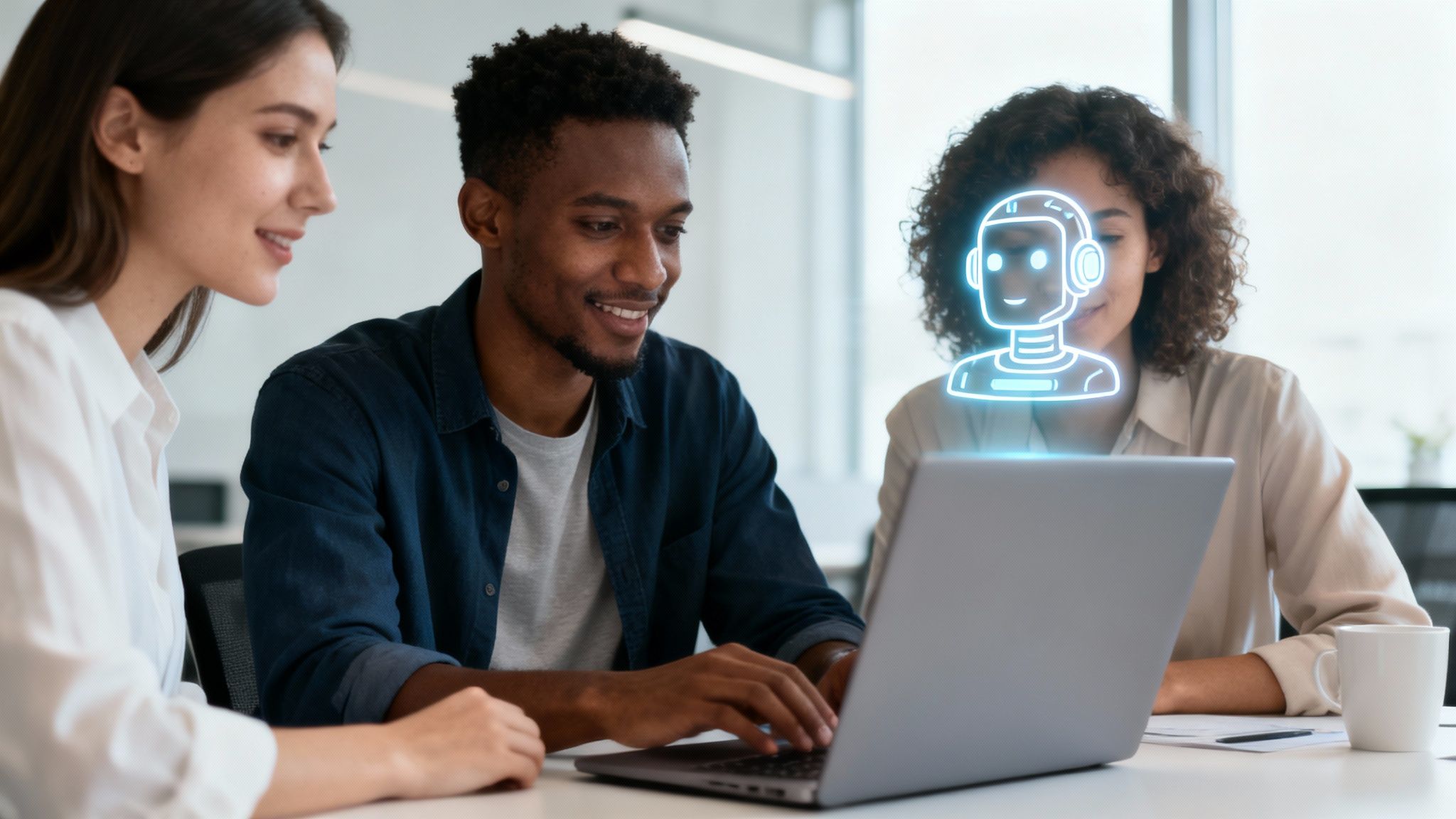Diverse business team collaborating with AI chatbot on a laptop in a modern office.