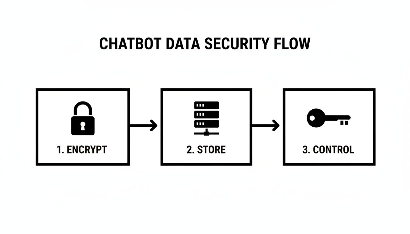 Flowchart illustrating chatbot data security steps: encrypt, store, and control sensitive data.