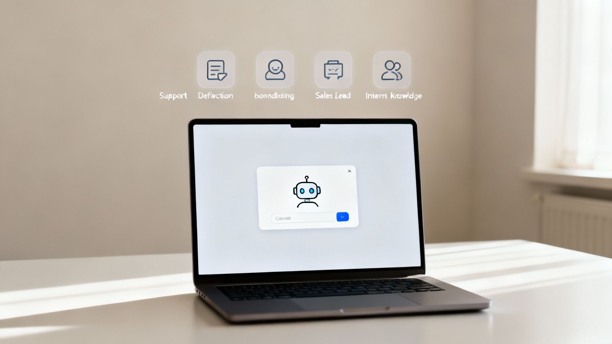 A laptop displays an AI chatbot interface with floating icons for support, onboarding, sales, and knowledge.