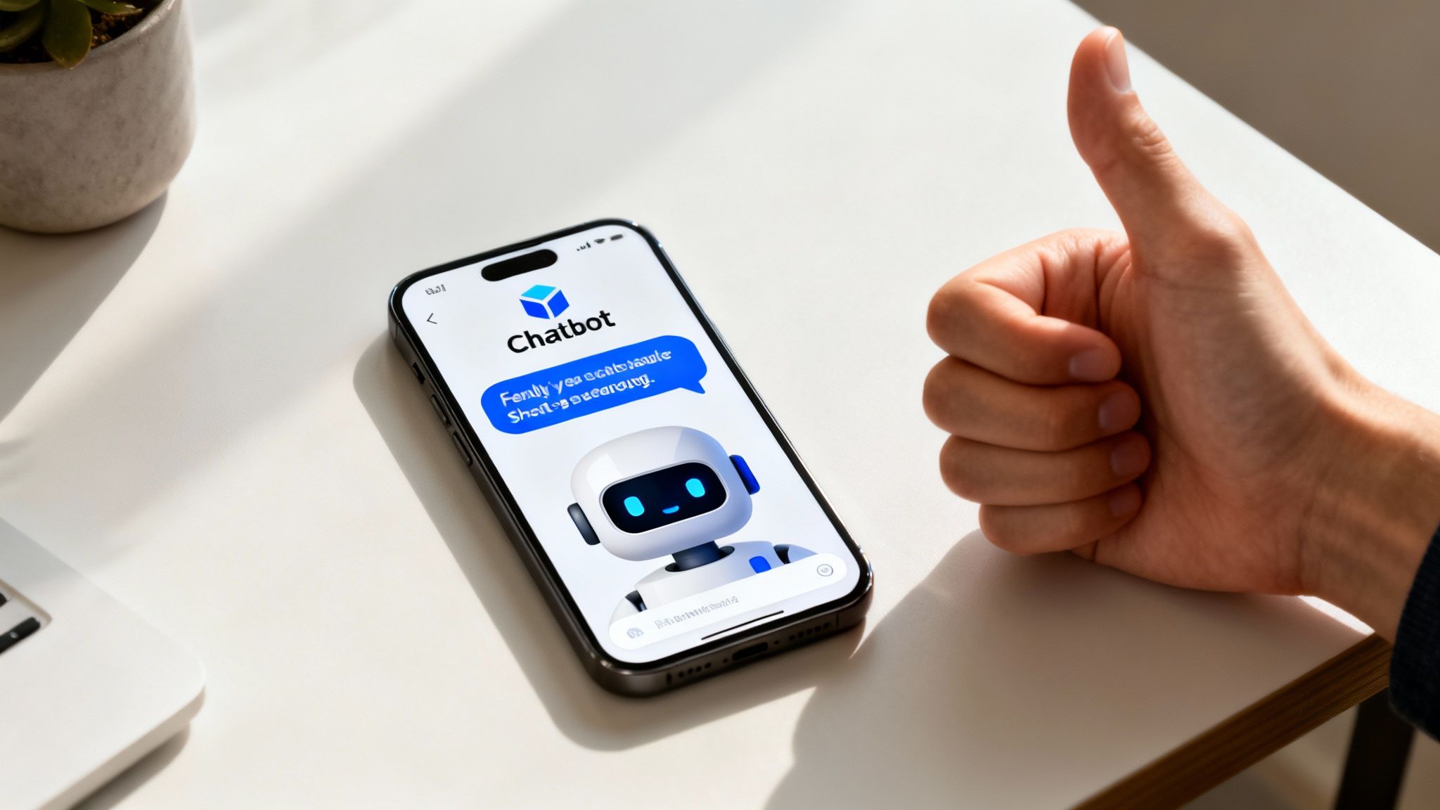 A hand gives a thumbs-up gesture next to a smartphone showing an AI chatbot application.