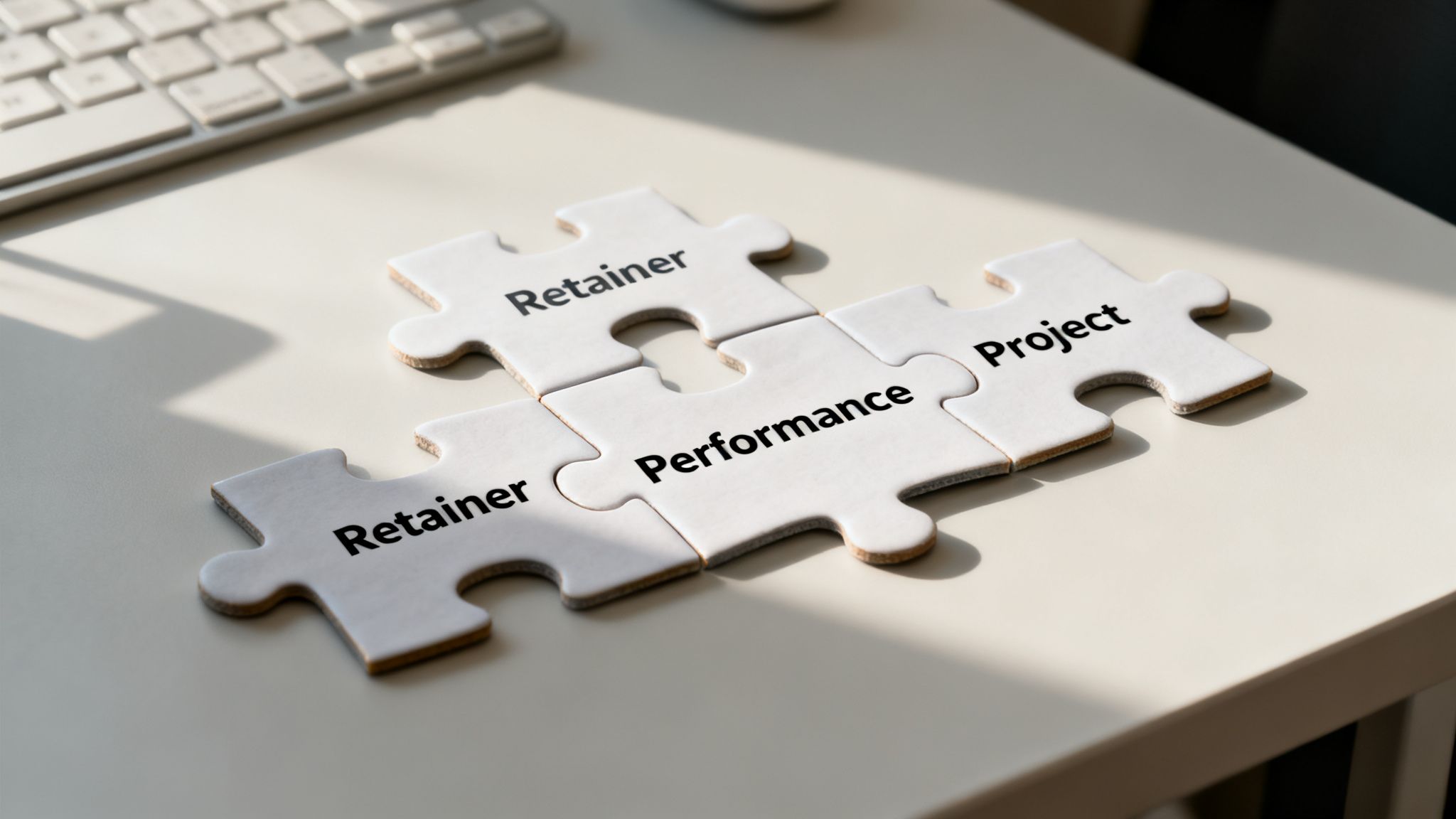 Four white puzzle pieces spelling 'Retainer', 'Retainer', 'Performance', and 'Project' on a desk.