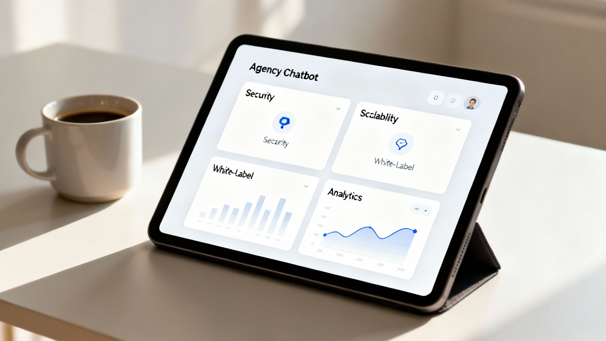 Tablet showing an 'Agency Chatbot' dashboard with security, scalability, white-label, and analytics, next to a coffee.