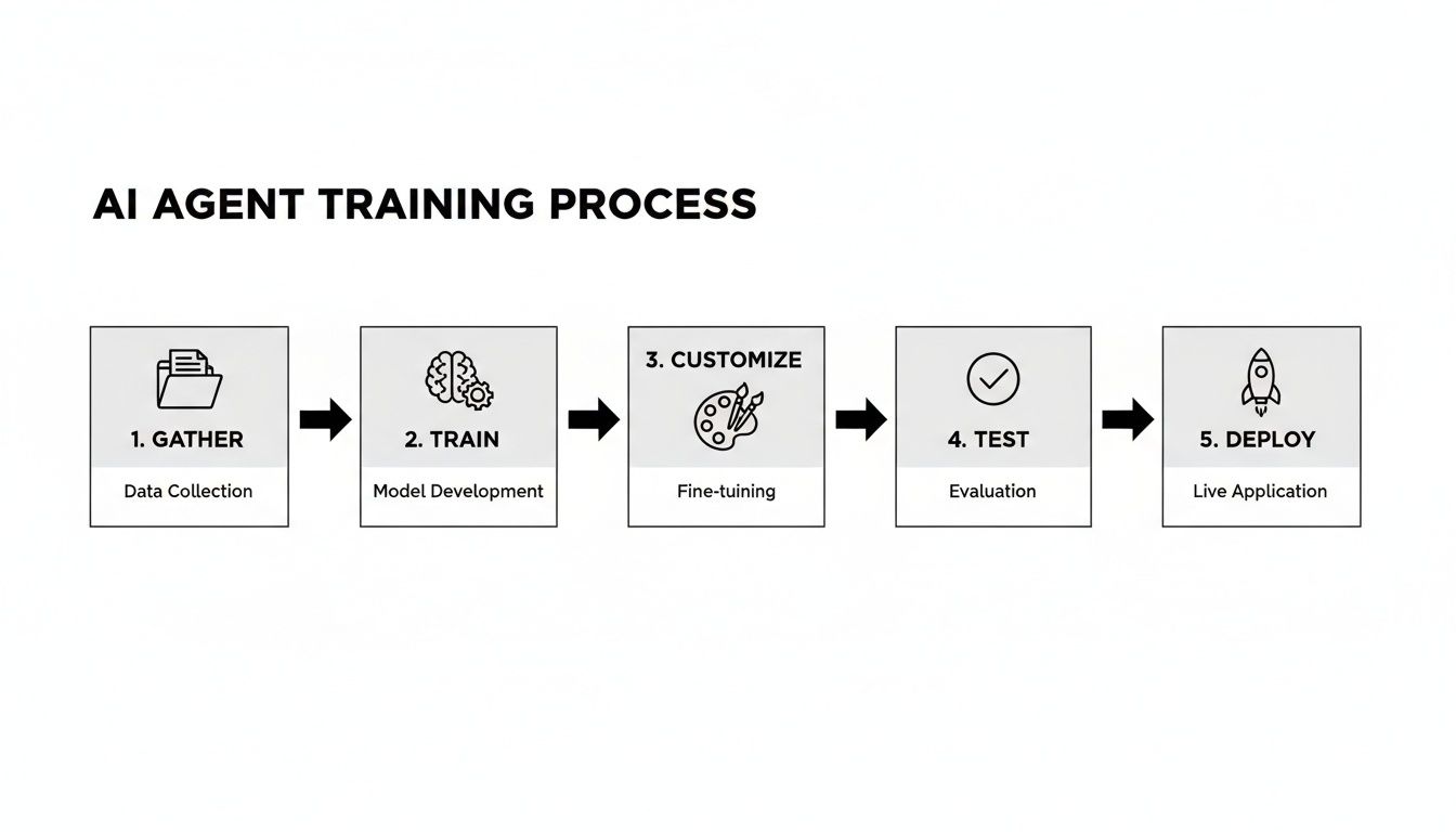 Diagram outlining the five-step AI agent training process: Gather, Train, Customize, Test, and Deploy.