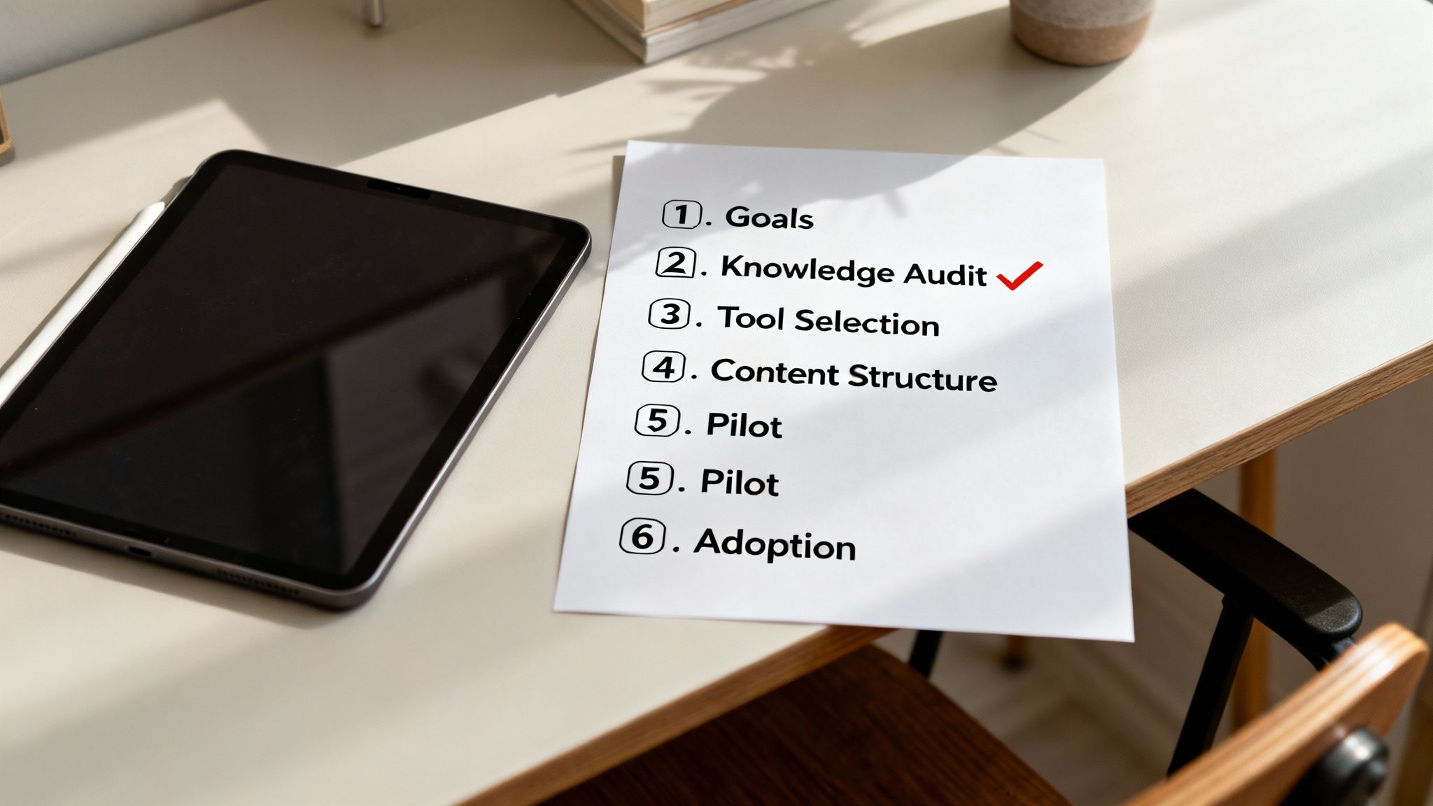 A checklist for knowledge management system implementation steps, with 'Knowledge Audit' marked as completed.