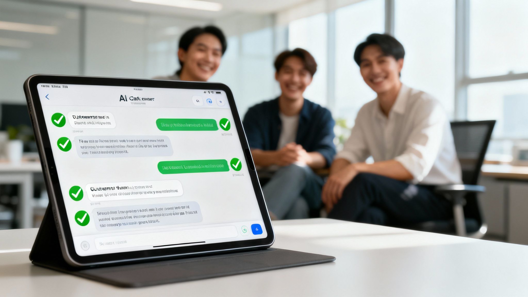 A tablet displays an AI chat interface with messages and checkmarks, with three smiling men blurred in the background.