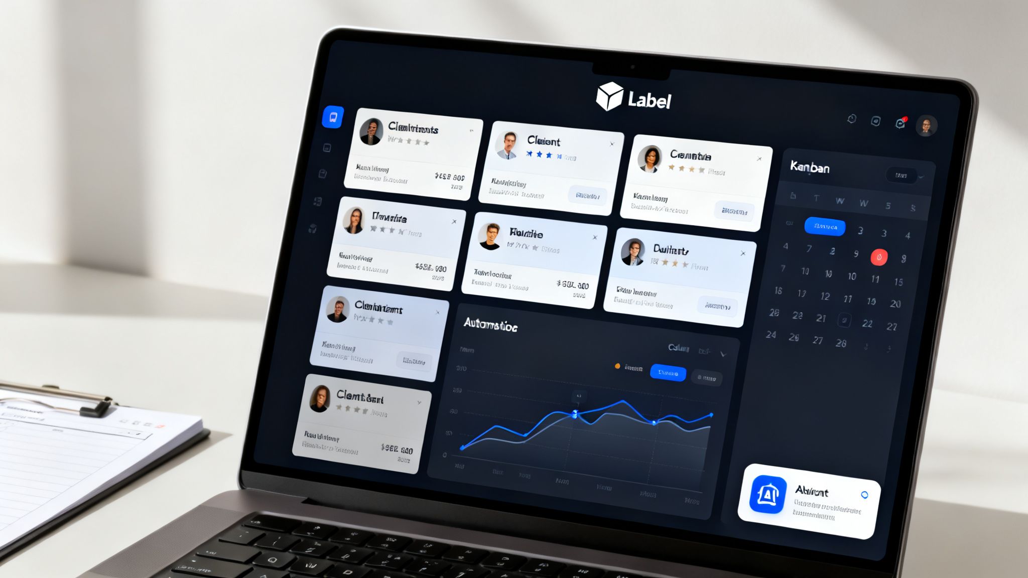 A laptop displays dark-themed agency client management software with user profiles, a graph, and a calendar.